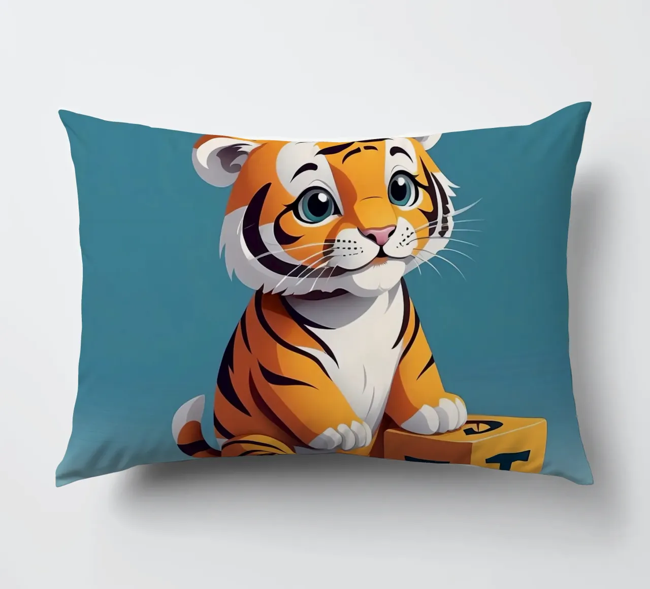 Simpatico cucciolo di tigre che gioca con un blocco con la lettera T cuscino da DesignDoodle