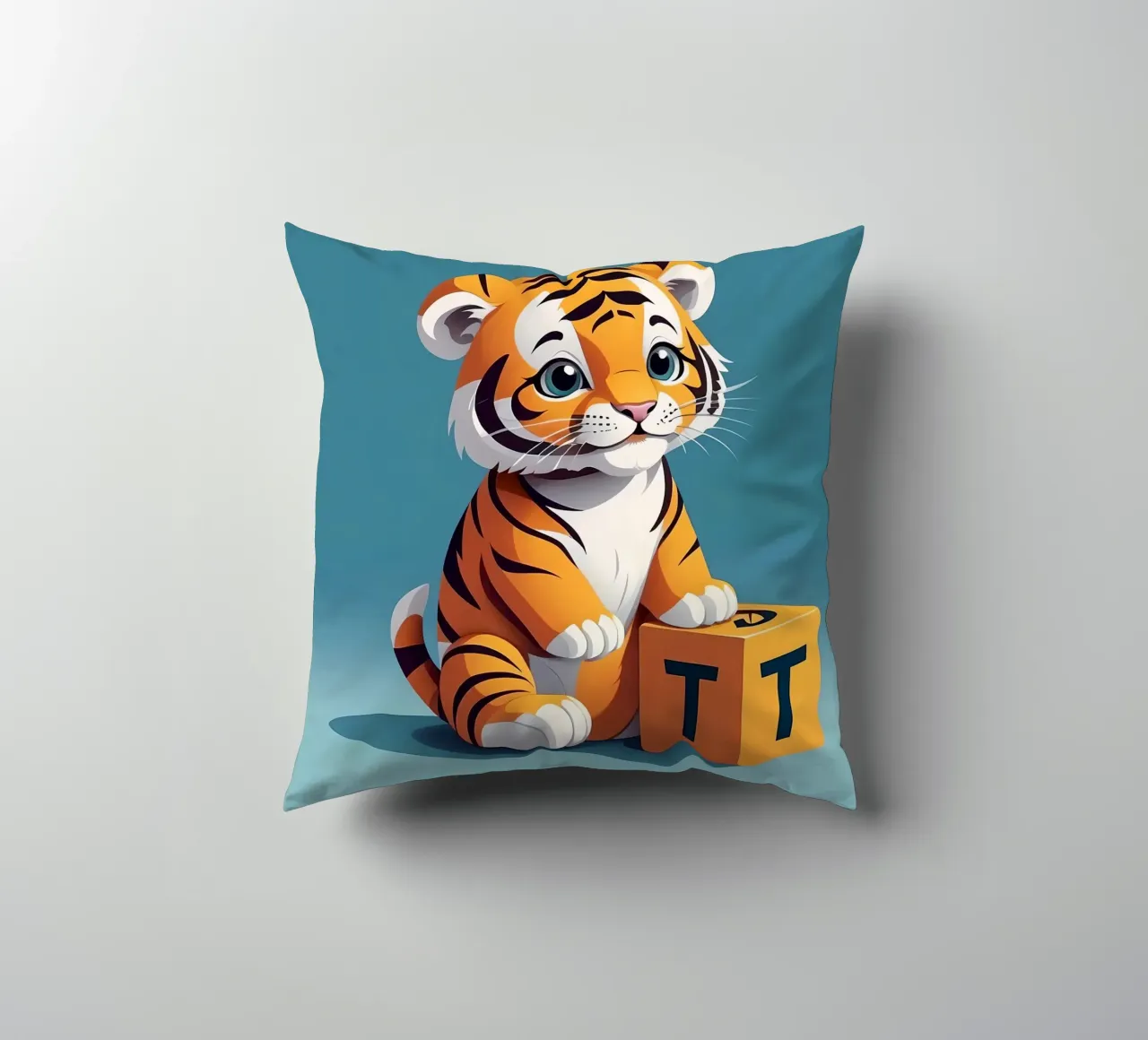 Simpatico cucciolo di tigre che gioca con un blocco con la lettera T cuscino da DesignDoodle
