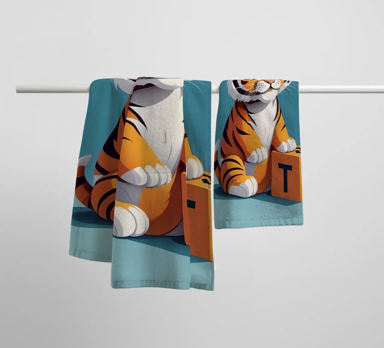 Simpatico cucciolo di tigre che gioca con un blocco con la lettera T asciugamano da bagno da DesignDoodle