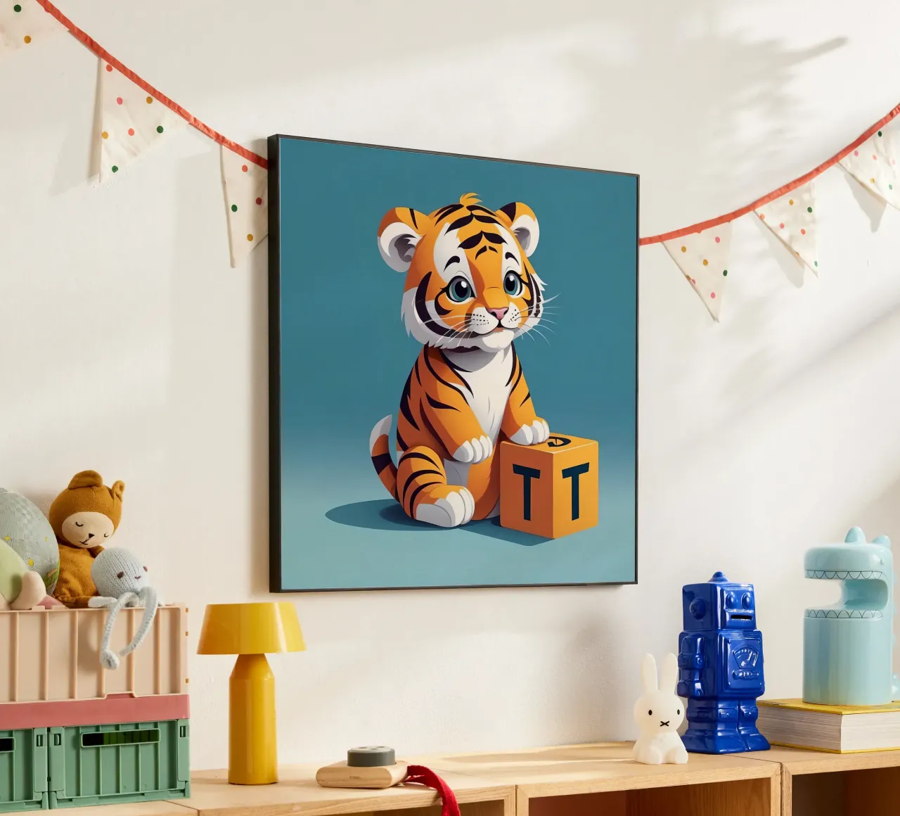 Cute tiger cub playing with a block with the letter T alu-dibond by DesignDoodle