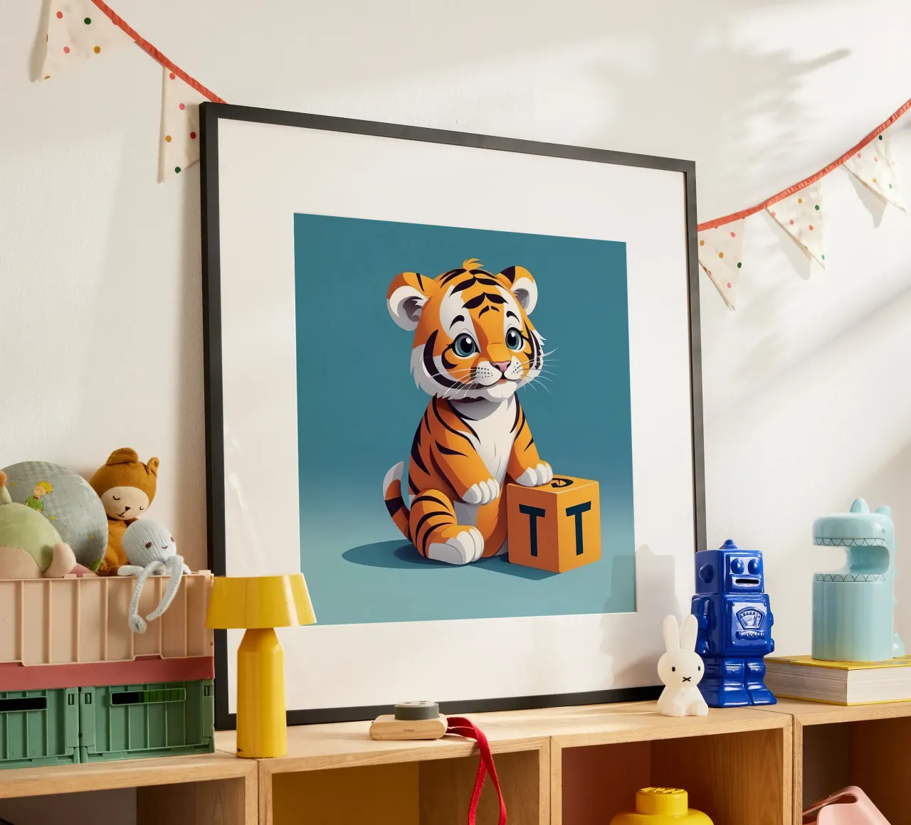 Simpatico cucciolo di tigre che gioca con un blocco con la lettera T carta hahnemühle da DesignDoodle