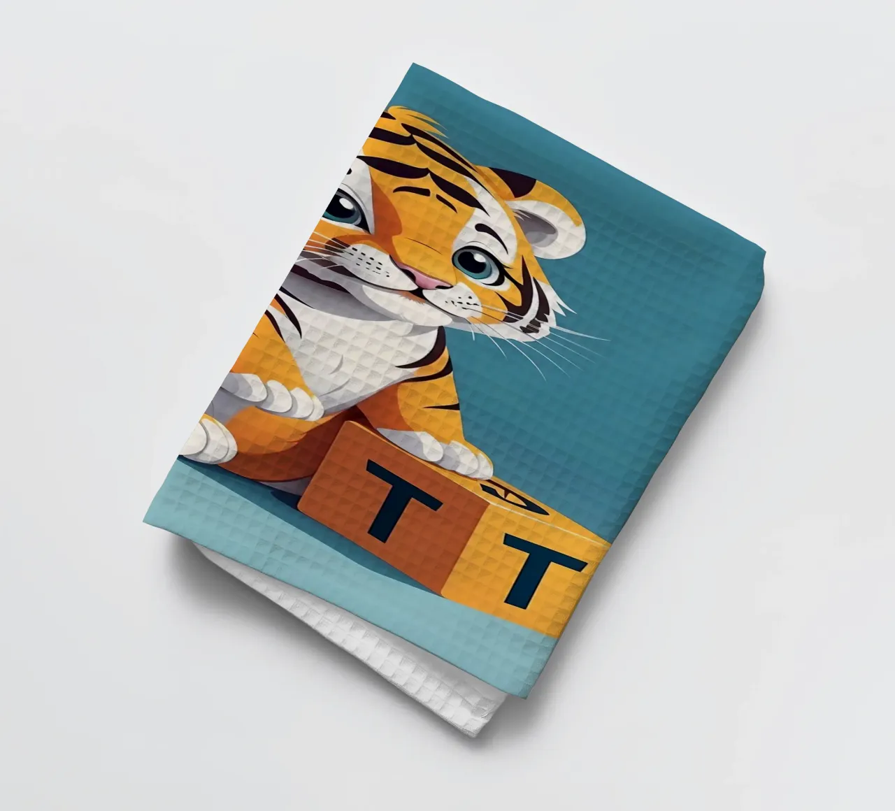 Simpatico cucciolo di tigre che gioca con un blocco con la lettera T canovaccio da cucina da DesignDoodle