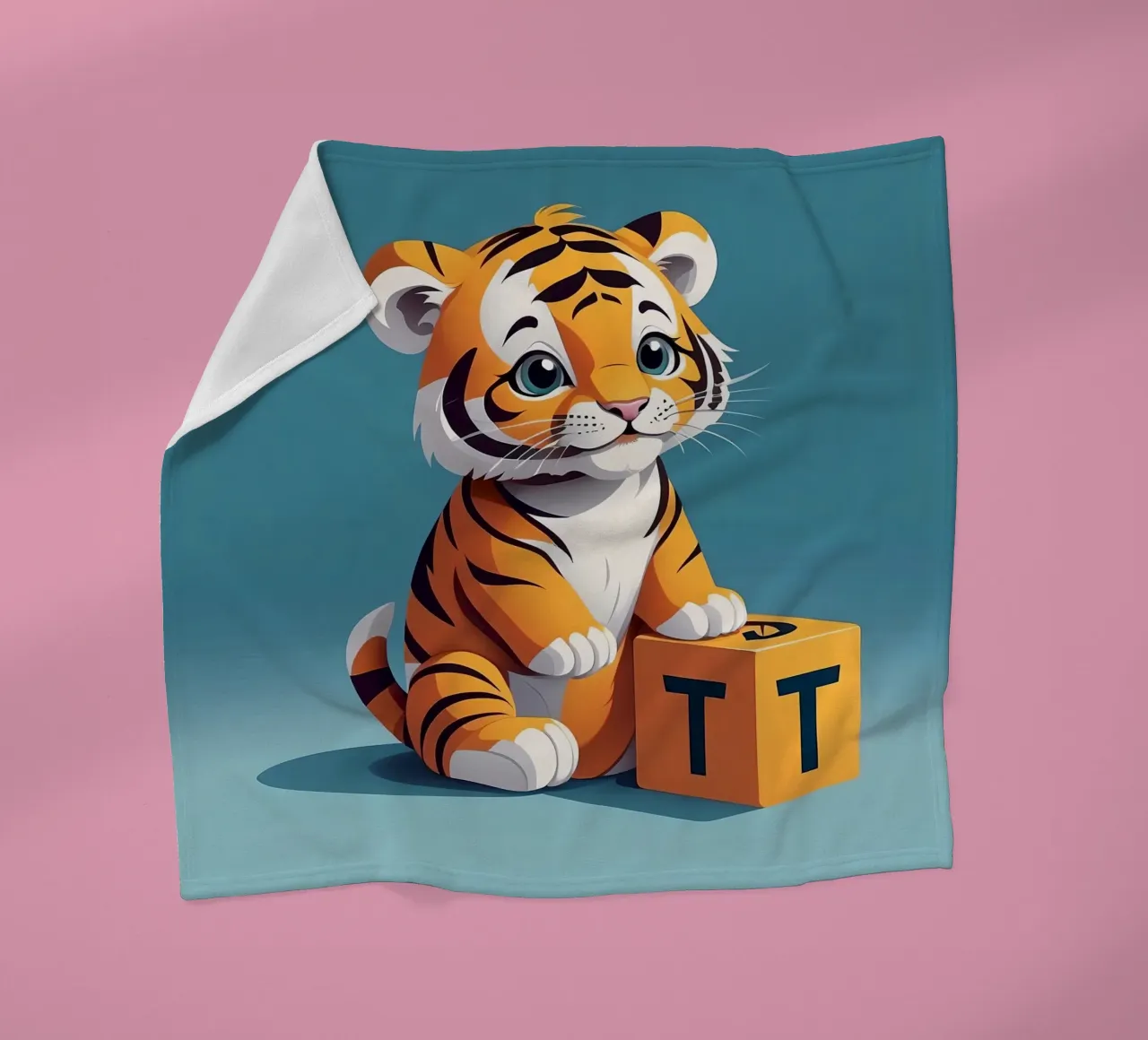 Cute tiger cub playing with a block with the letter T fleece blanket by DesignDoodle