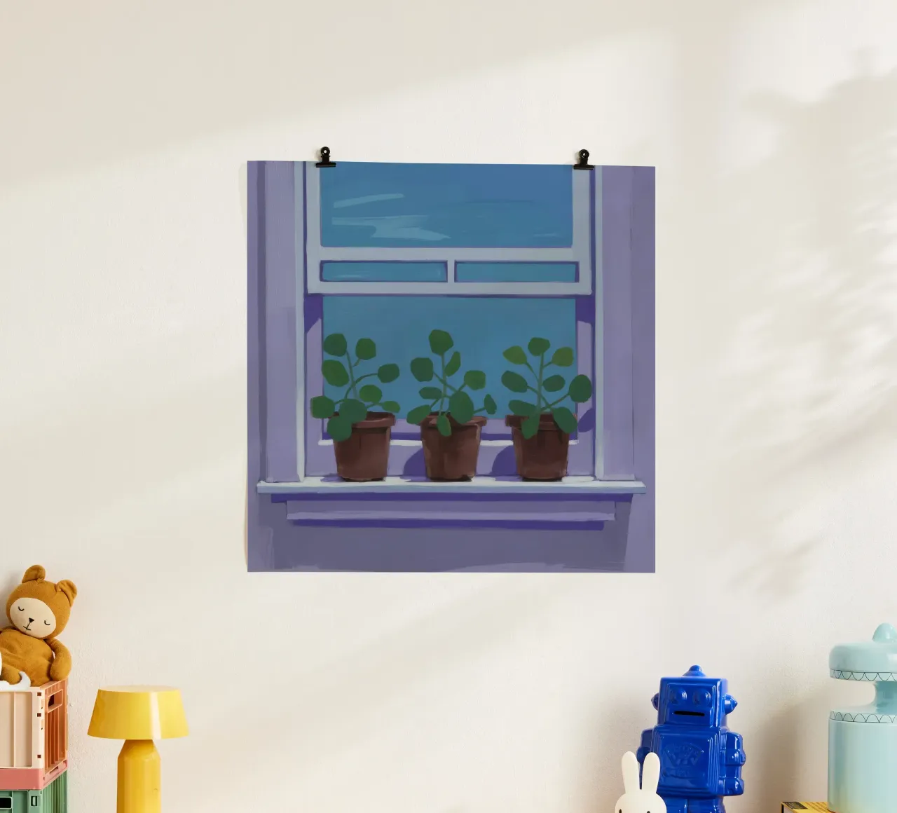 Giardino delle erbe aromatiche sul davanzale della finestra poster con telaio in legno da Pan Denim