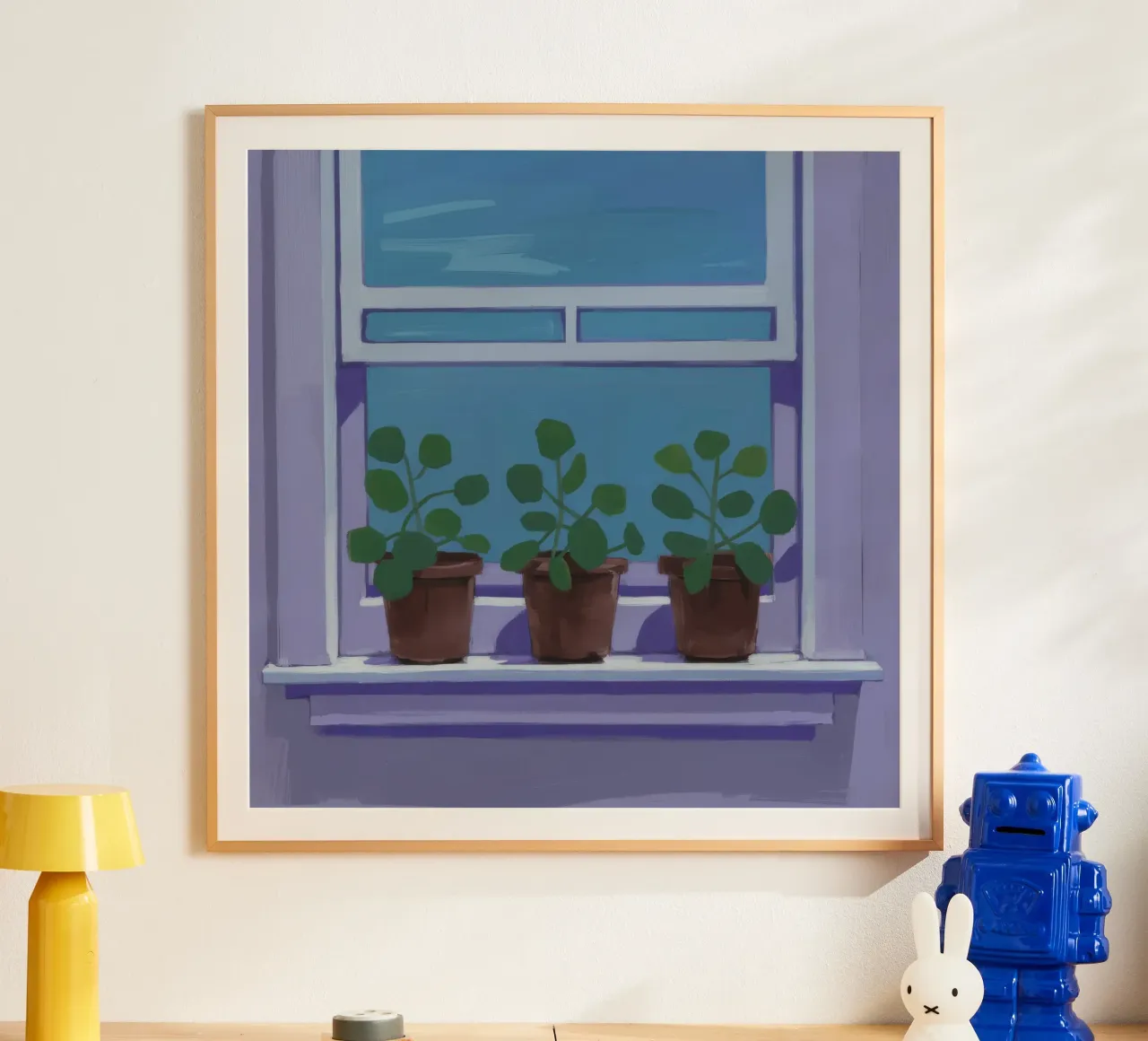 Giardino delle erbe aromatiche sul davanzale della finestra poster con telaio in legno da Pan Denim