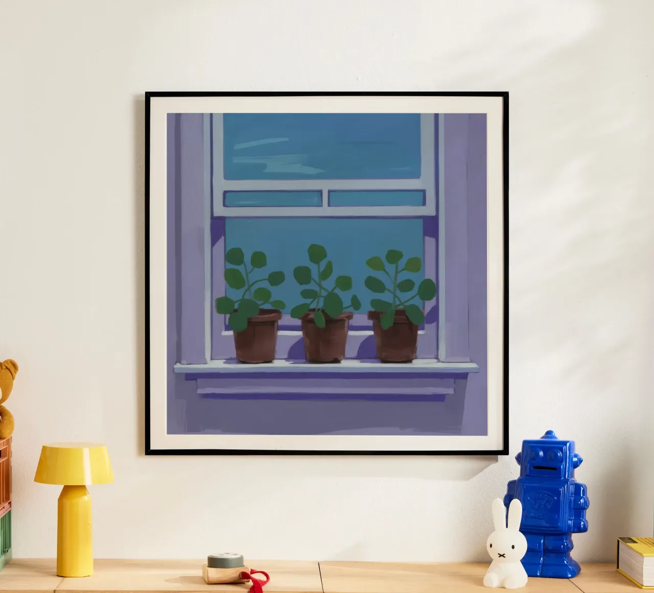 Giardino delle erbe aromatiche sul davanzale della finestra poster con telaio in legno da Pan Denim