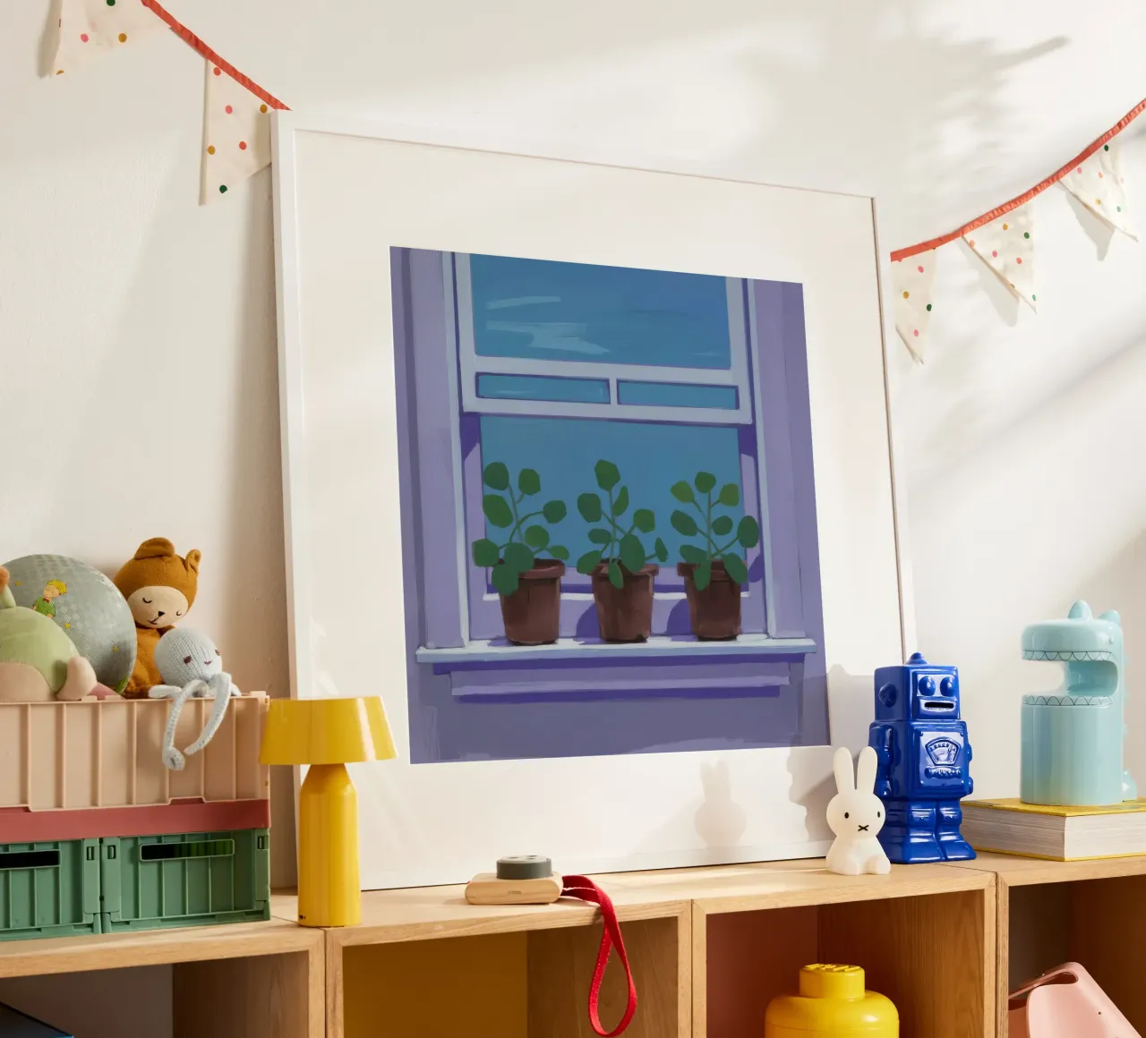 Giardino delle erbe aromatiche sul davanzale della finestra poster con telaio in legno da Pan Denim