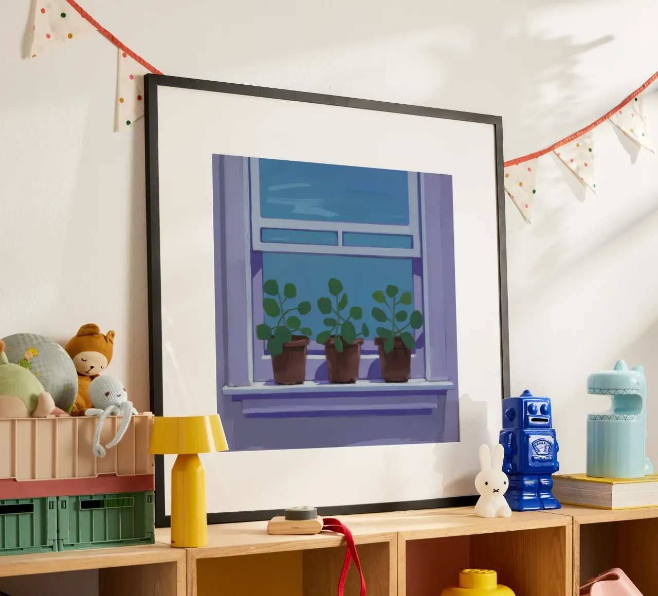 Giardino delle erbe aromatiche sul davanzale della finestra poster con telaio in legno da Pan Denim