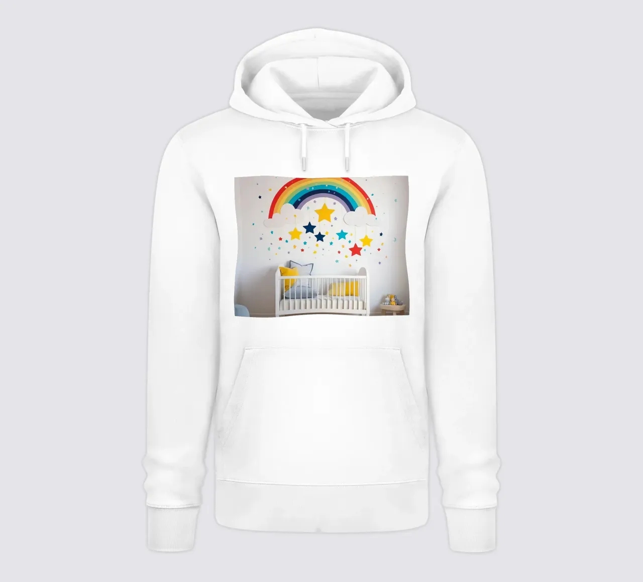 Decorazioni per la cameretta con arcobaleno e stelle sospese in un ambiente accogliente. felpa con cappuccio da DesignDoodle