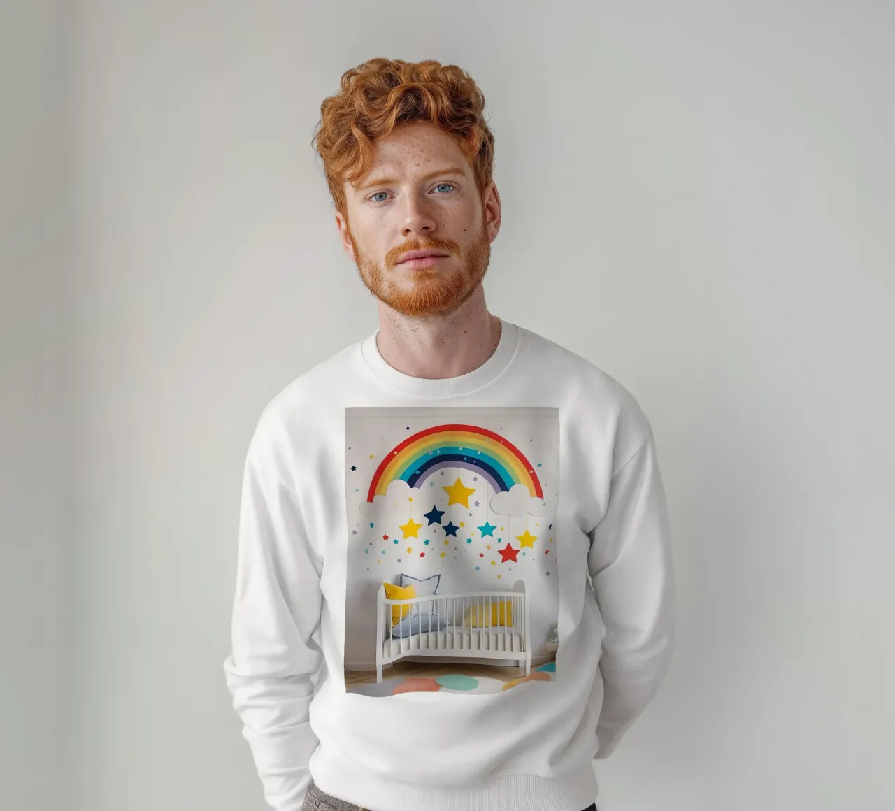 Decorazioni per la cameretta con arcobaleno e stelle sospese in un ambiente accogliente. felpa da DesignDoodle
