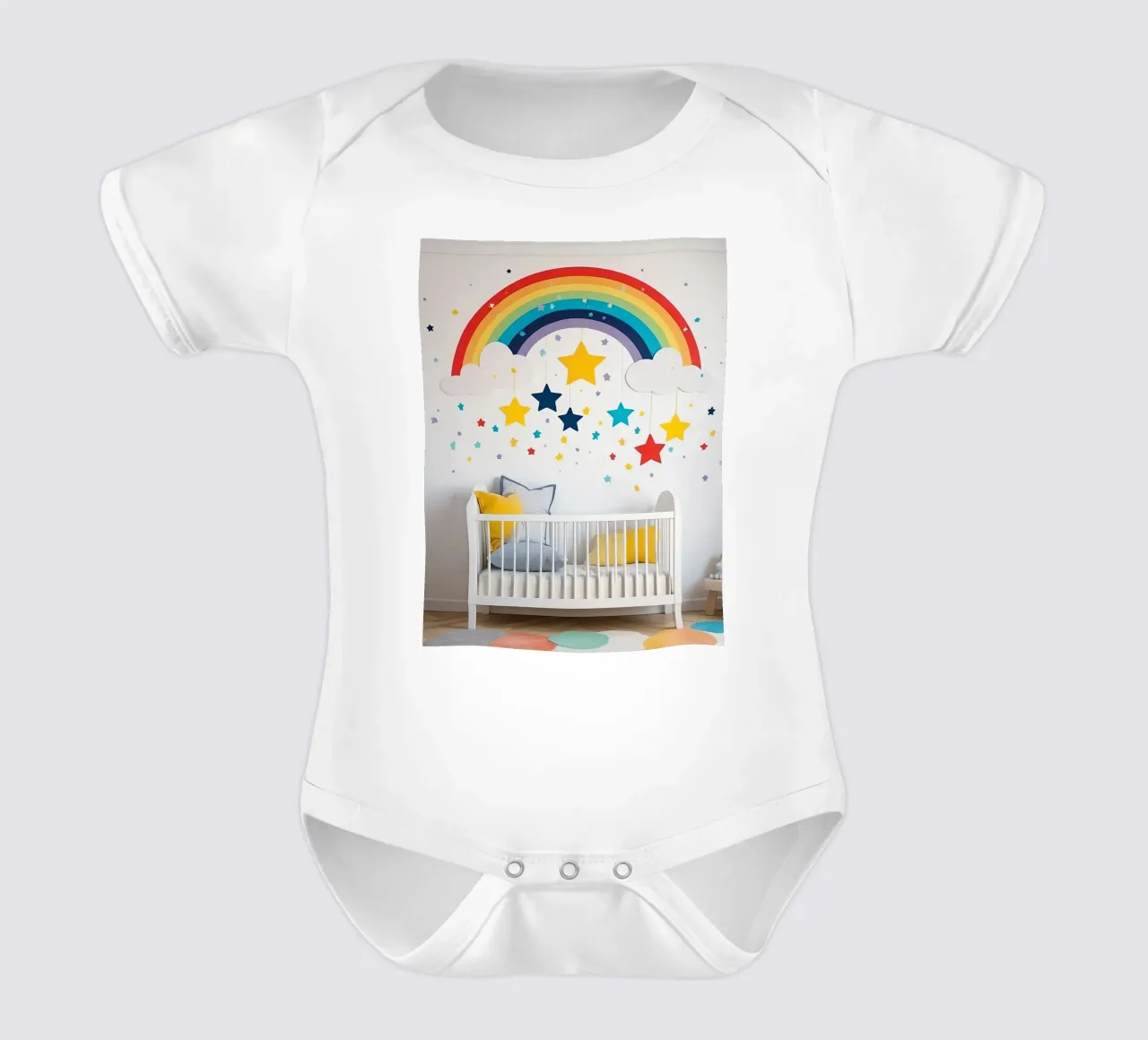 Kinderkamer decor met regenboog en hangende sterren in een gezellige babyrompertje korte mouwen van DesignDoodle