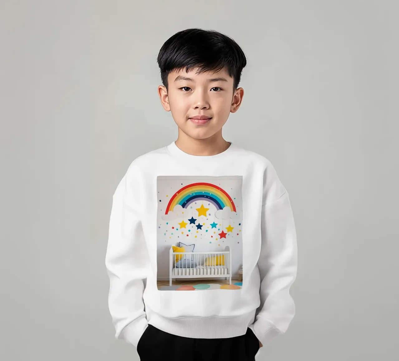 Decorazioni per la cameretta con arcobaleno e stelle sospese in un ambiente accogliente. felpa bambino da DesignDoodle
