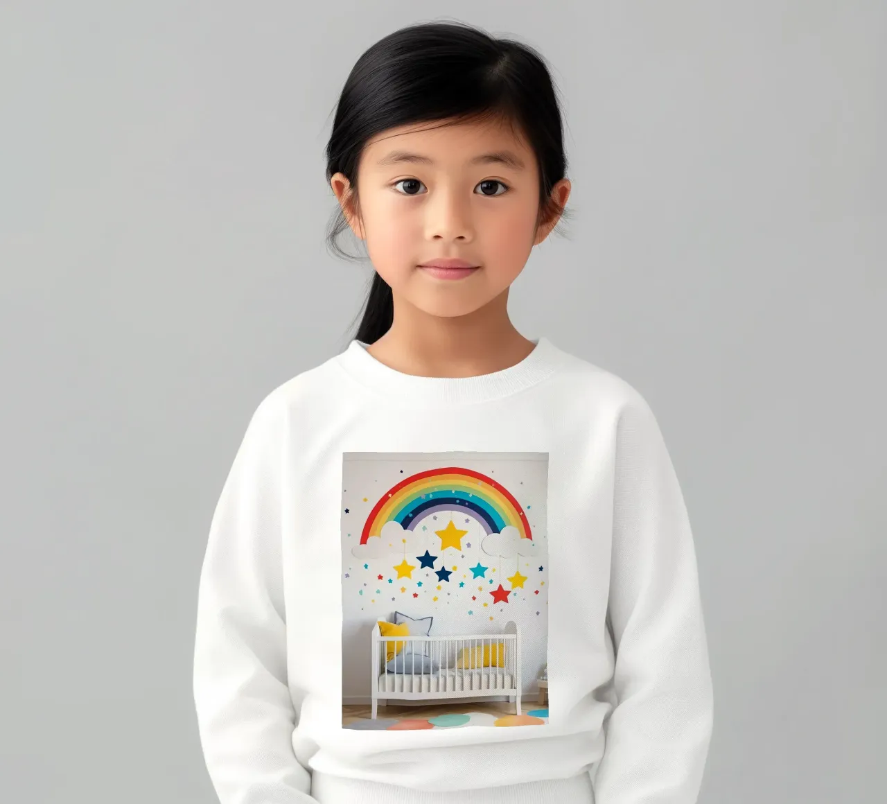 Decorazioni per la cameretta con arcobaleno e stelle sospese in un ambiente accogliente. felpa bambino da DesignDoodle