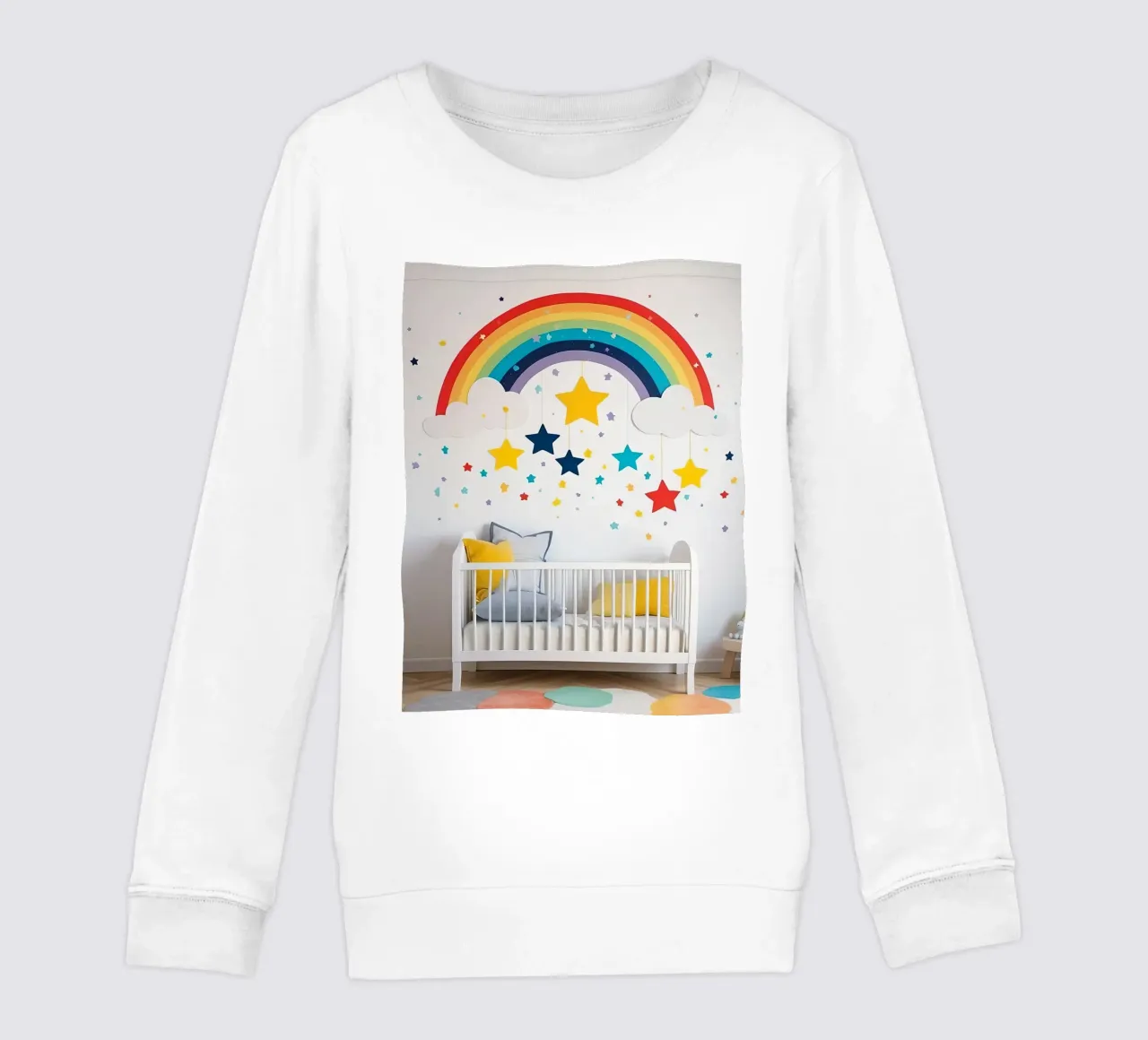 Decorazioni per la cameretta con arcobaleno e stelle sospese in un ambiente accogliente. felpa bambino da DesignDoodle
