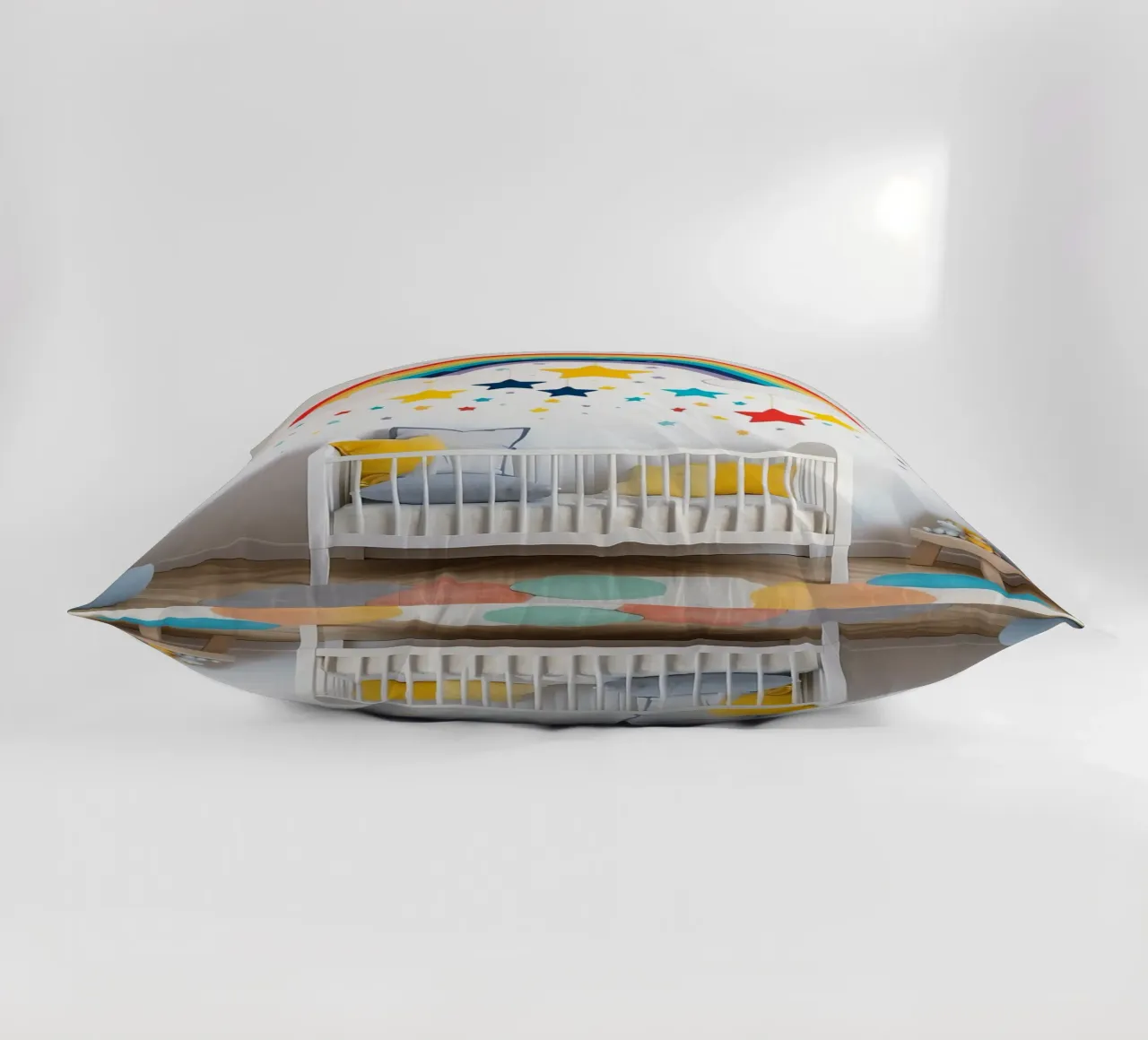 Decorazioni per la cameretta con arcobaleno e stelle sospese in un ambiente accogliente. cuscino da DesignDoodle