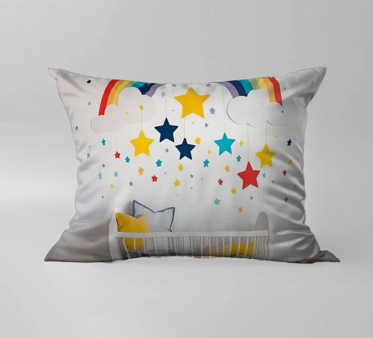 Decorazioni per la cameretta con arcobaleno e stelle sospese in un ambiente accogliente. cuscino da DesignDoodle