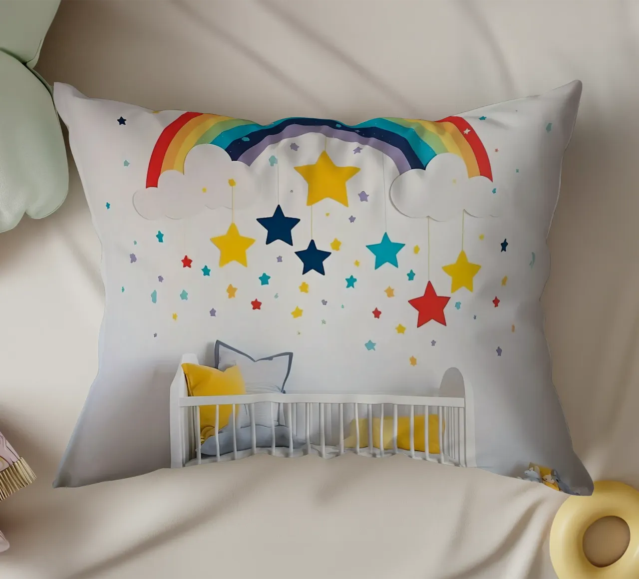 Decorazioni per la cameretta con arcobaleno e stelle sospese in un ambiente accogliente. cuscino da DesignDoodle