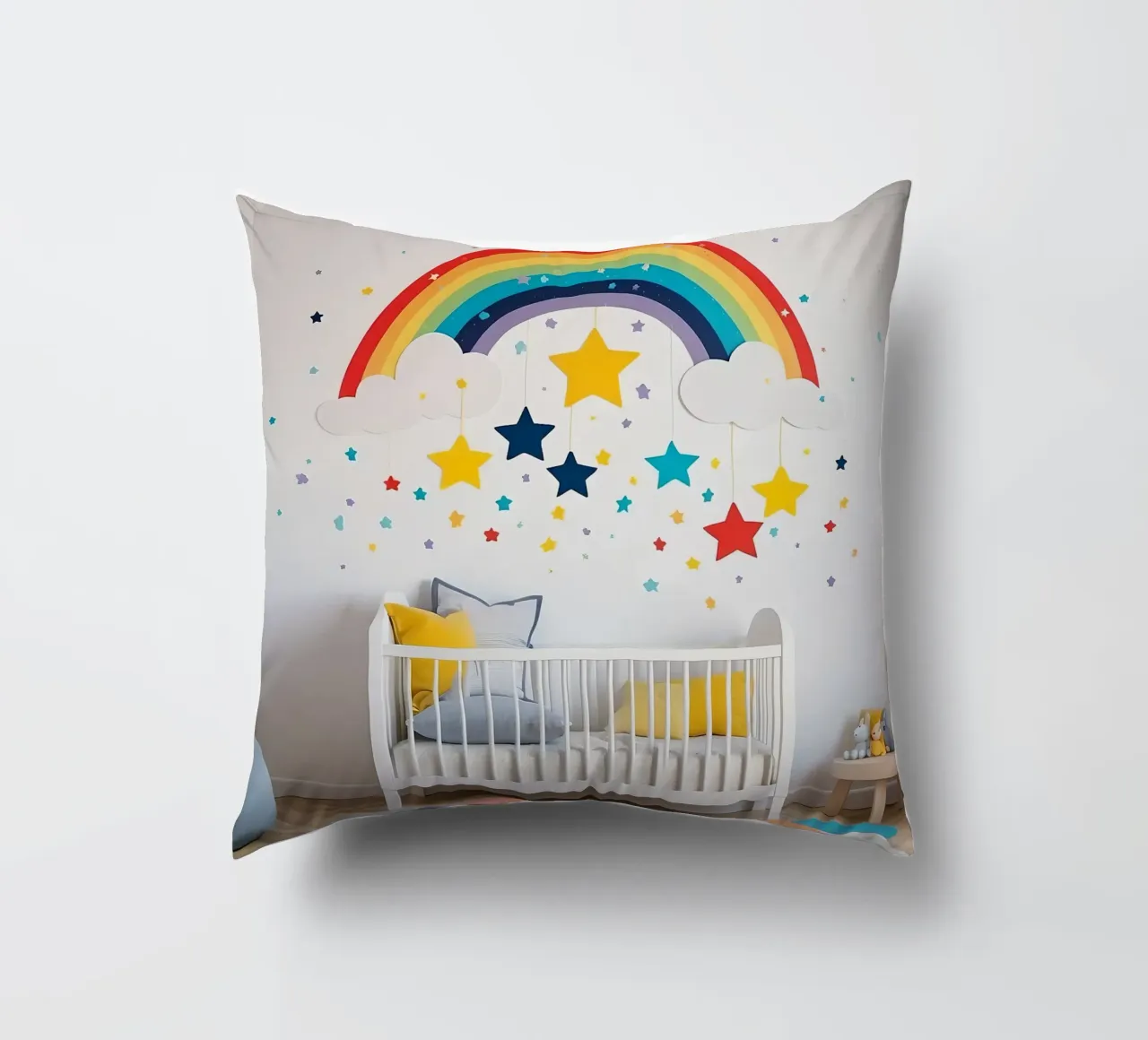 Decorazioni per la cameretta con arcobaleno e stelle sospese in un ambiente accogliente. cuscino da DesignDoodle