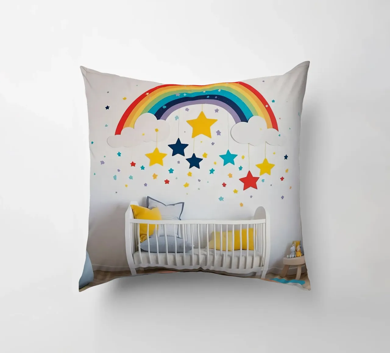 Decorazioni per la cameretta con arcobaleno e stelle sospese in un ambiente accogliente. cuscino da DesignDoodle