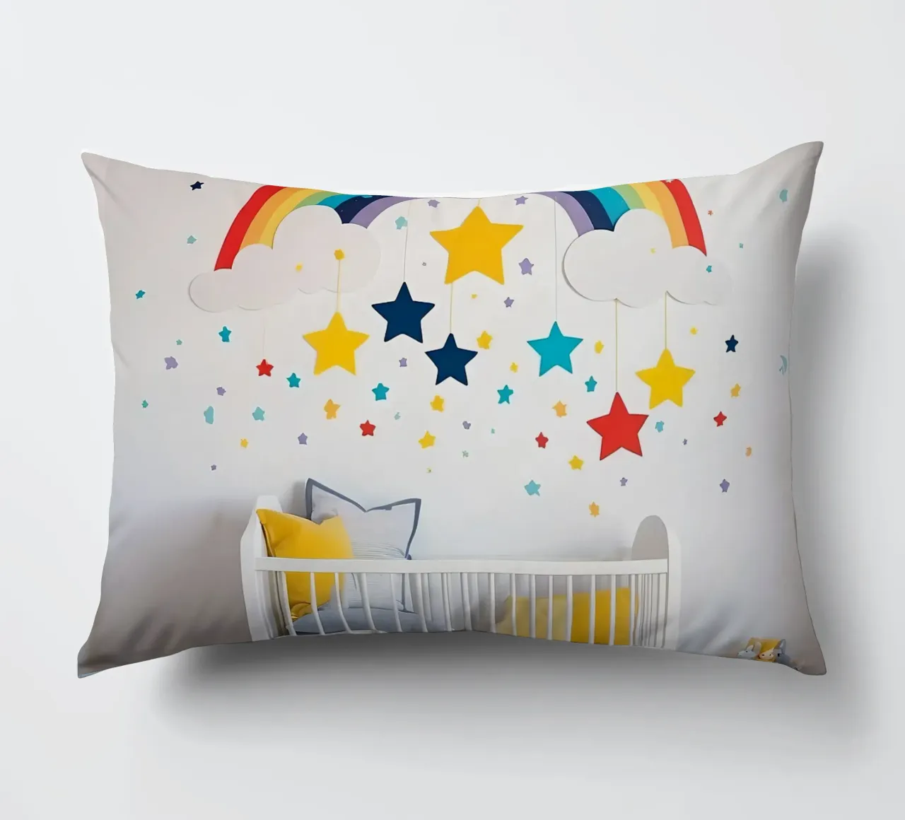 Decorazioni per la cameretta con arcobaleno e stelle sospese in un ambiente accogliente. cuscino da DesignDoodle