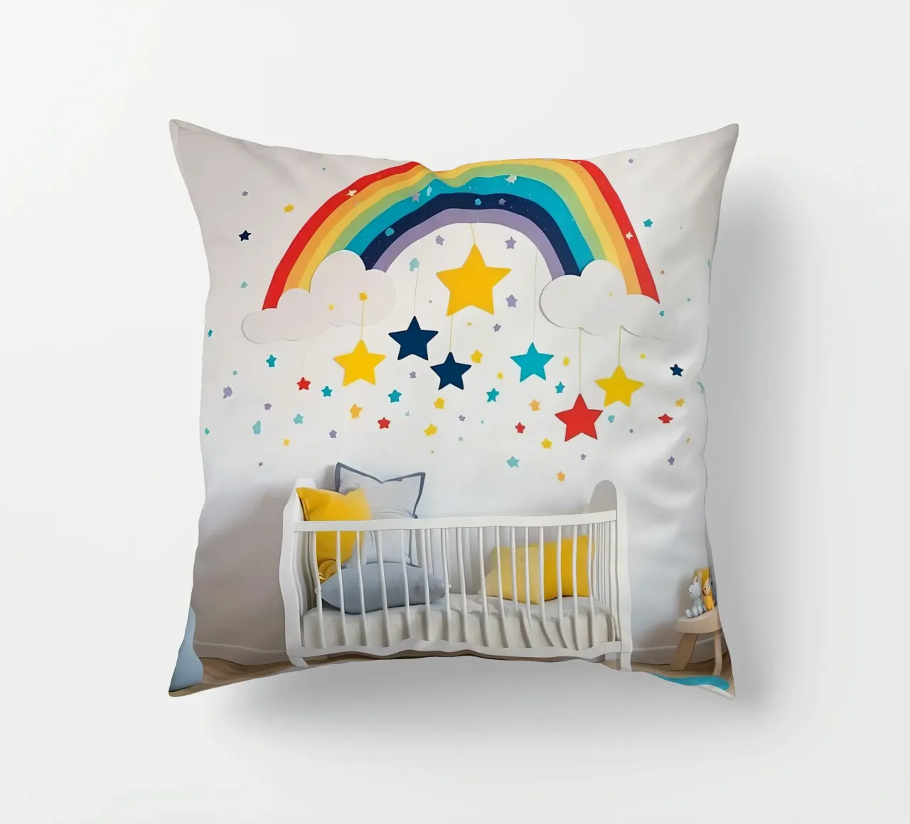 Decorazioni per la cameretta con arcobaleno e stelle sospese in un ambiente accogliente. cuscino da DesignDoodle