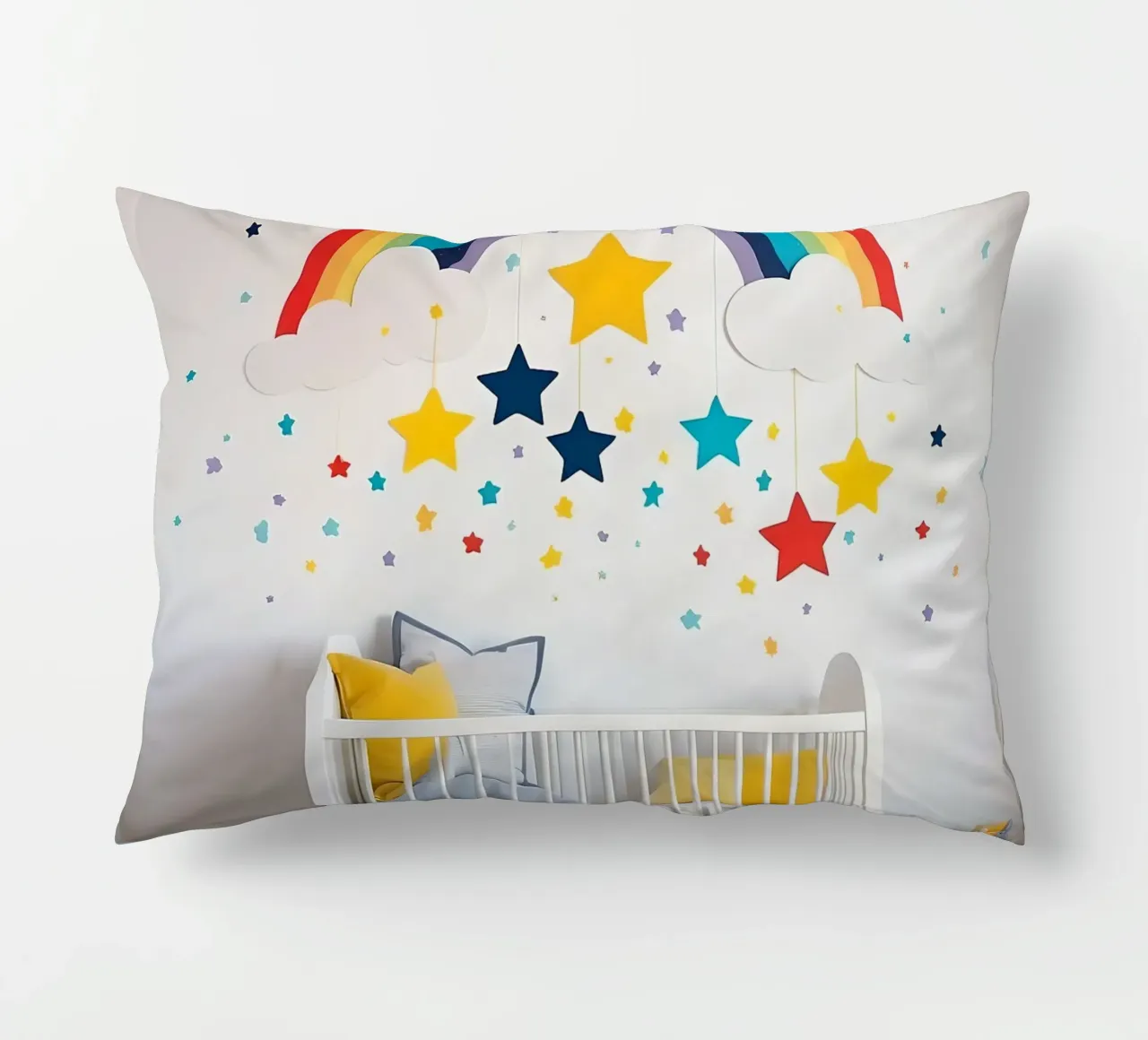 Decorazioni per la cameretta con arcobaleno e stelle sospese in un ambiente accogliente. cuscino da DesignDoodle