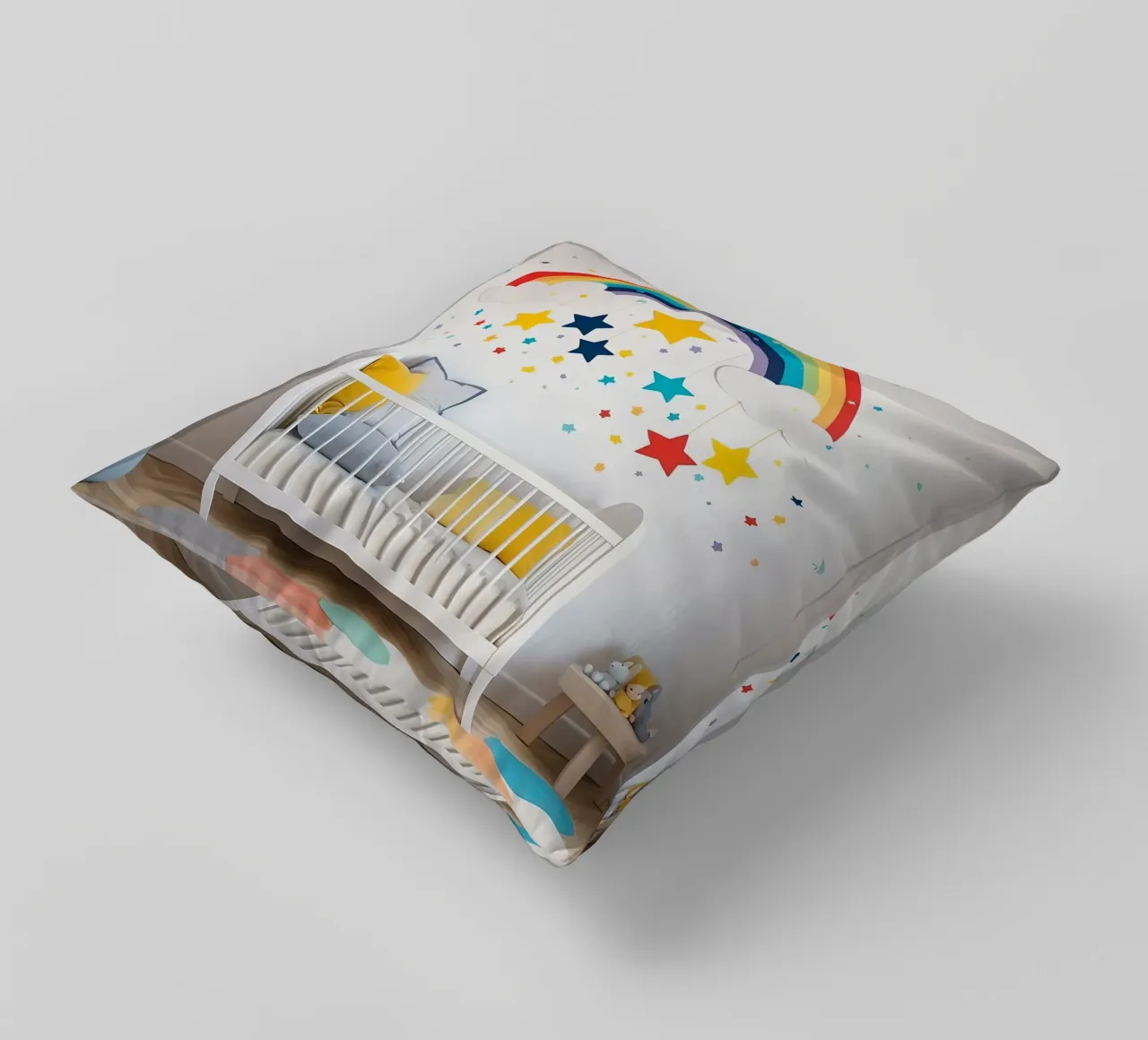 Decorazioni per la cameretta con arcobaleno e stelle sospese in un ambiente accogliente. cuscino da DesignDoodle