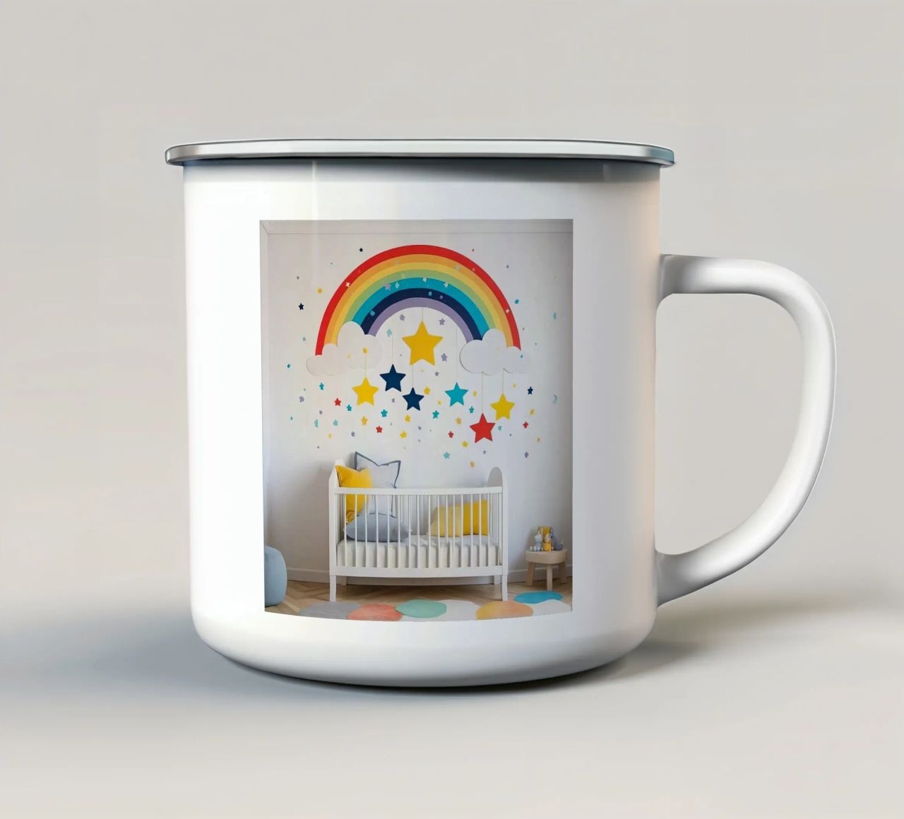 Decorazioni per la cameretta con arcobaleno e stelle sospese in un ambiente accogliente. tazza in smalto da DesignDoodle