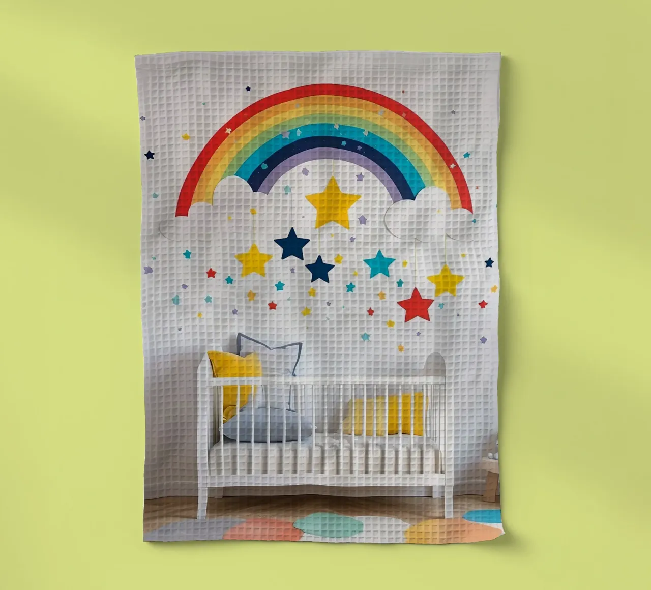 Decorazioni per la cameretta con arcobaleno e stelle sospese in un ambiente accogliente. canovaccio da cucina da DesignDoodle