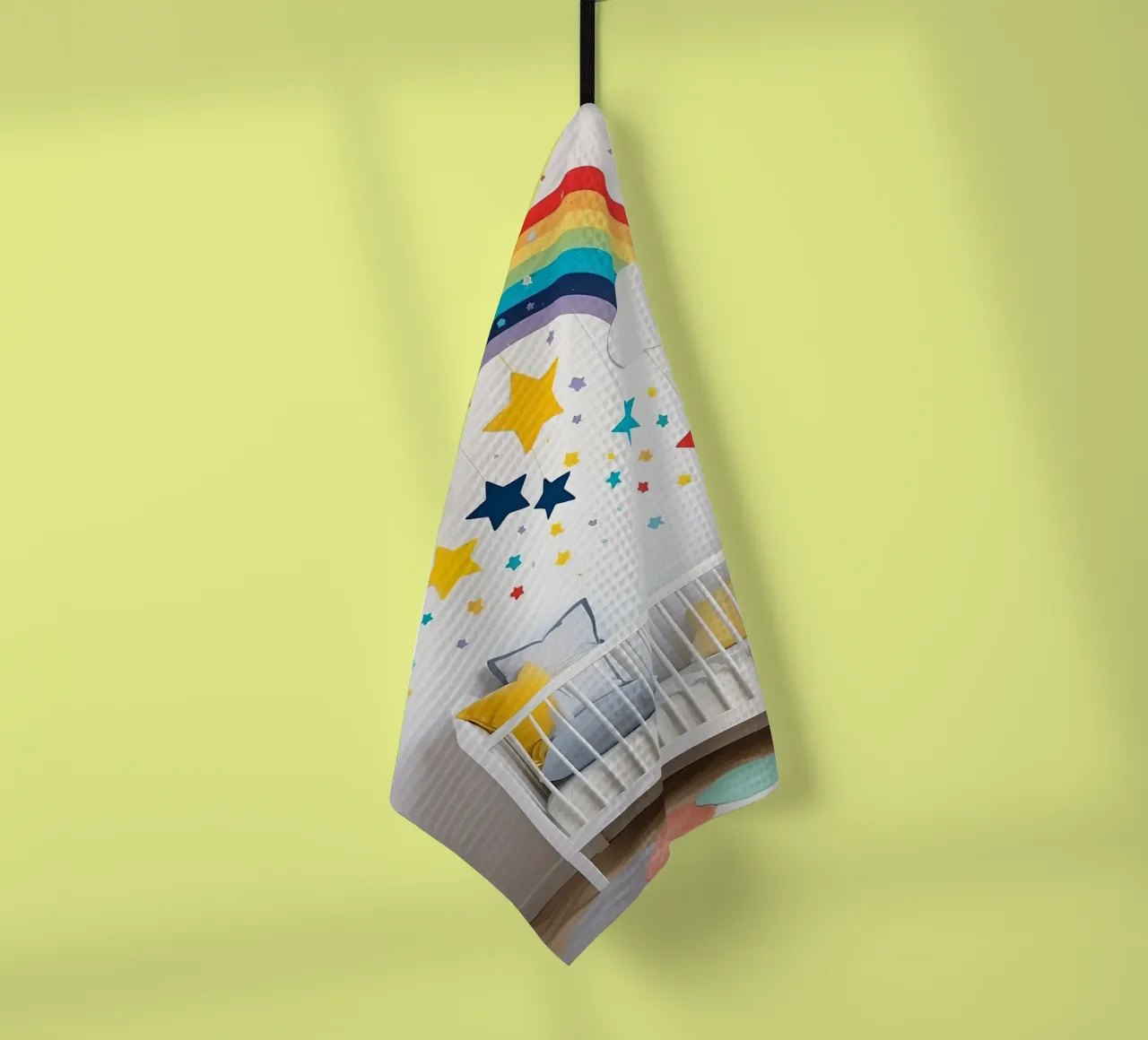 Decorazioni per la cameretta con arcobaleno e stelle sospese in un ambiente accogliente. canovaccio da cucina da DesignDoodle
