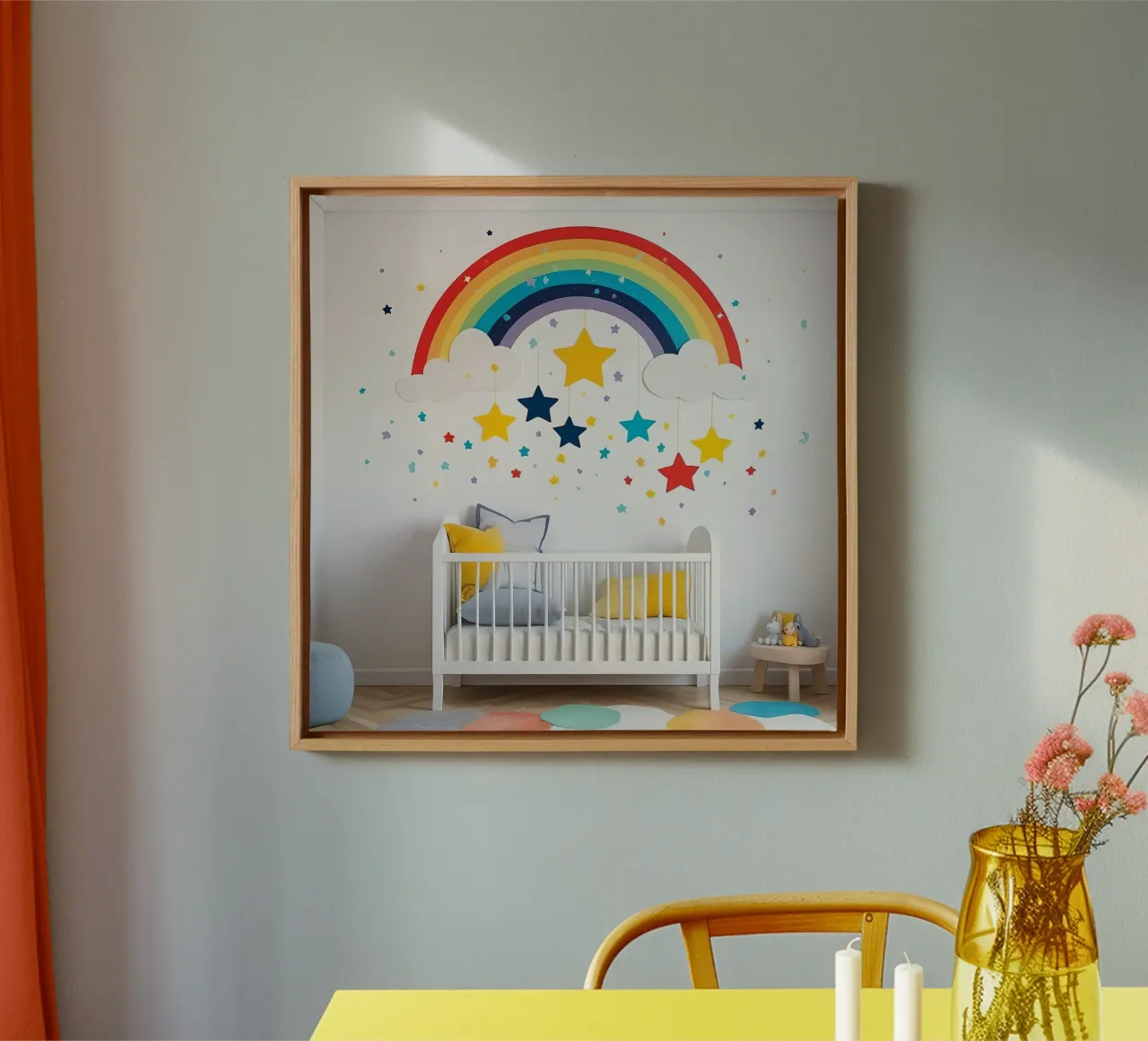 Decorazioni per la cameretta con arcobaleno e stelle sospese in un ambiente accogliente. tela con Cornice a cassetta da DesignDoodle