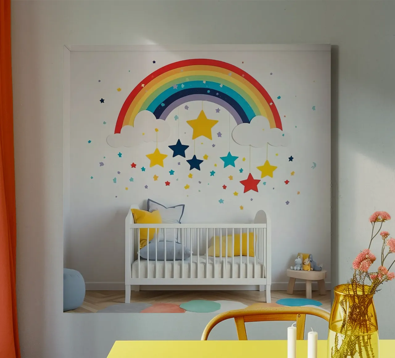 Decorazioni per la cameretta con arcobaleno e stelle sospese in un ambiente accogliente. tela con Cornice a cassetta da DesignDoodle