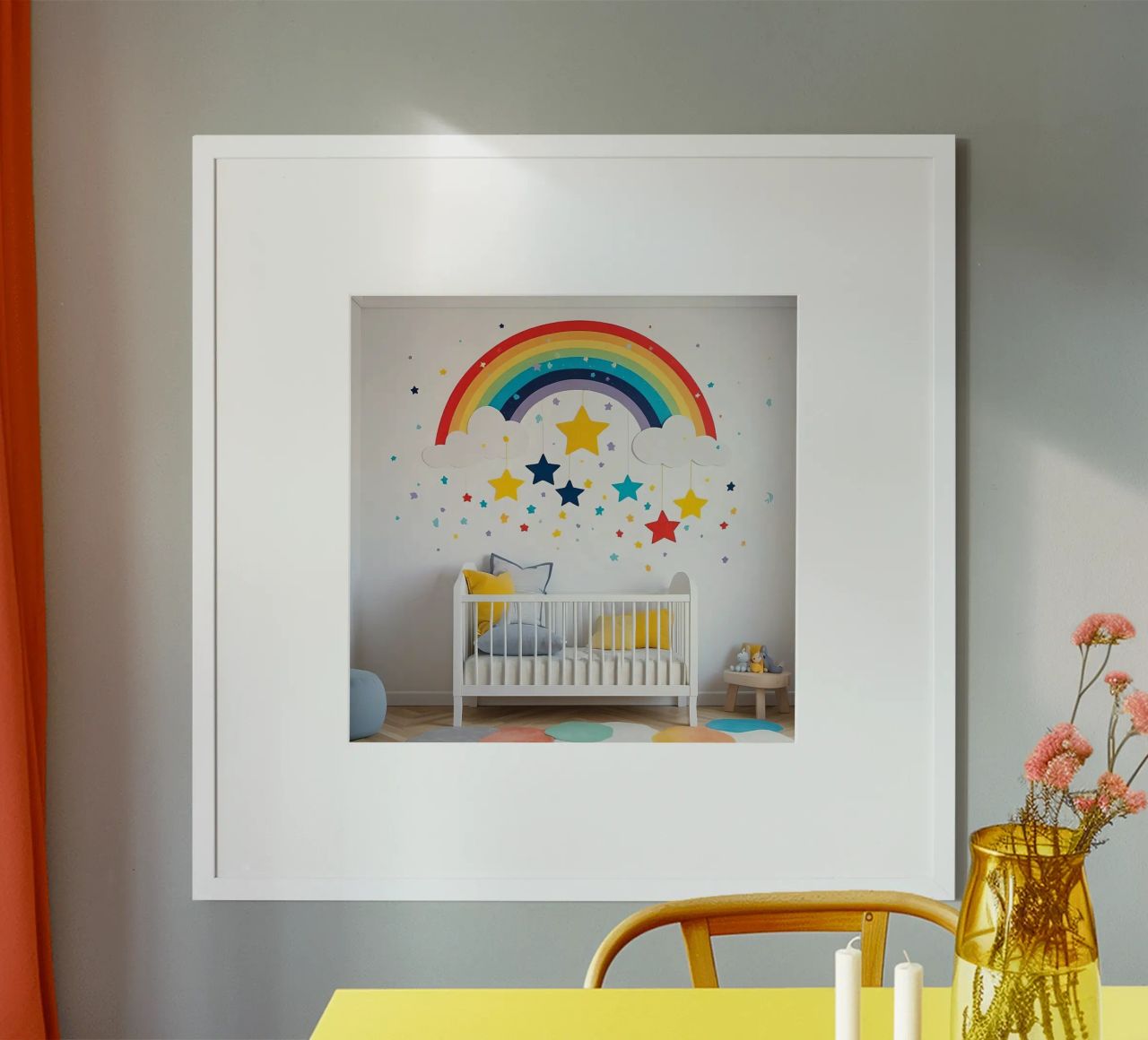 Décoration de chambre d'enfant avec arc-en-ciel et étoiles suspendues dans un décor douillet. poster de DesignDoodle