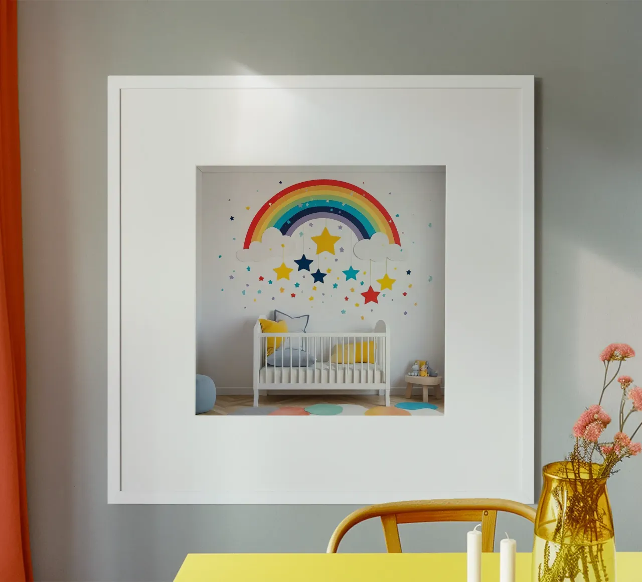 Decorazioni per la cameretta con arcobaleno e stelle sospese in un ambiente accogliente. carta hahnemühle da DesignDoodle