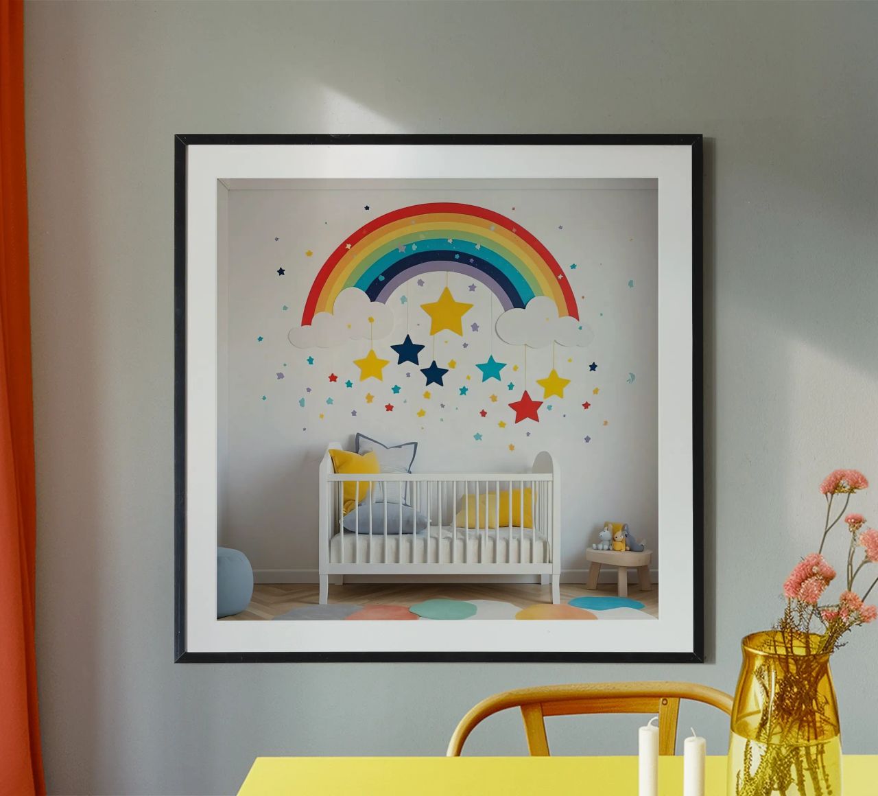 Décoration de chambre d'enfant avec arc-en-ciel et étoiles suspendues dans un décor douillet. poster de DesignDoodle