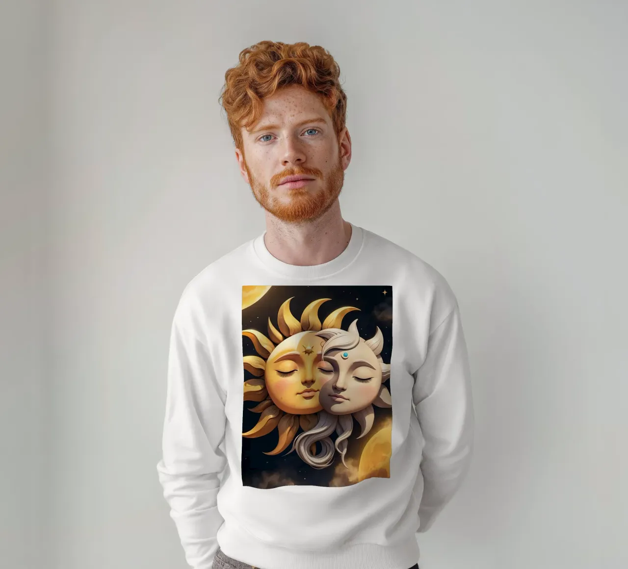 Le soleil et la lune s'embrassent dans une harmonie céleste sous un ciel étoilé sweat de DesignDoodle