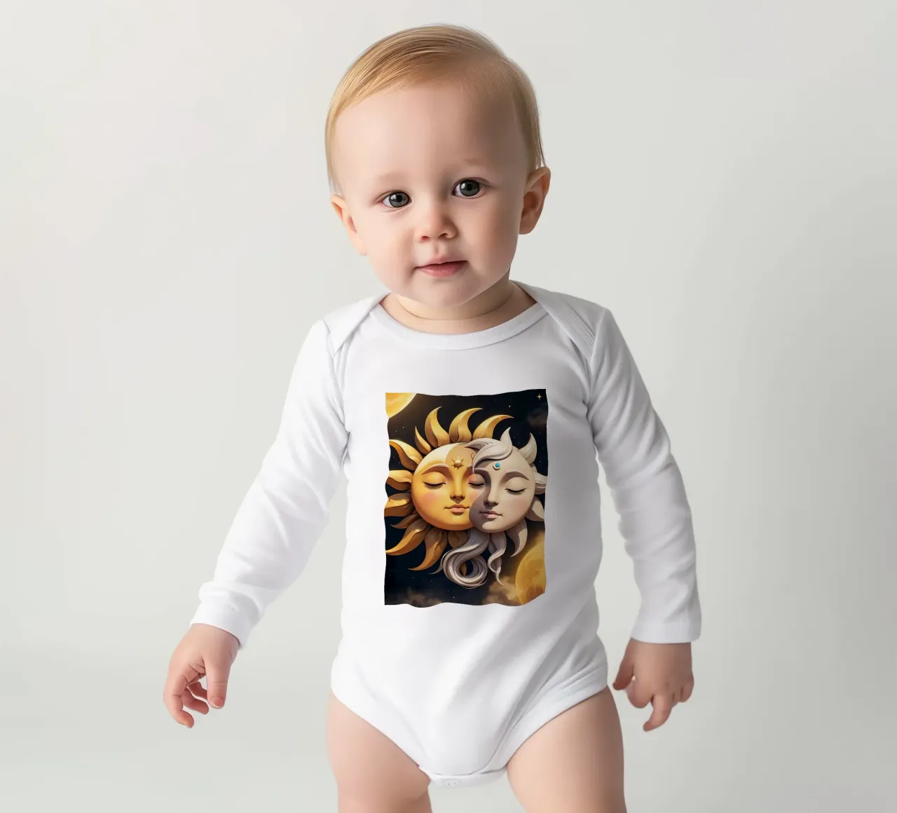 Sun and moon embrace in celestial harmony under a starry sky long-sleeve baby romper by DesignDoodle