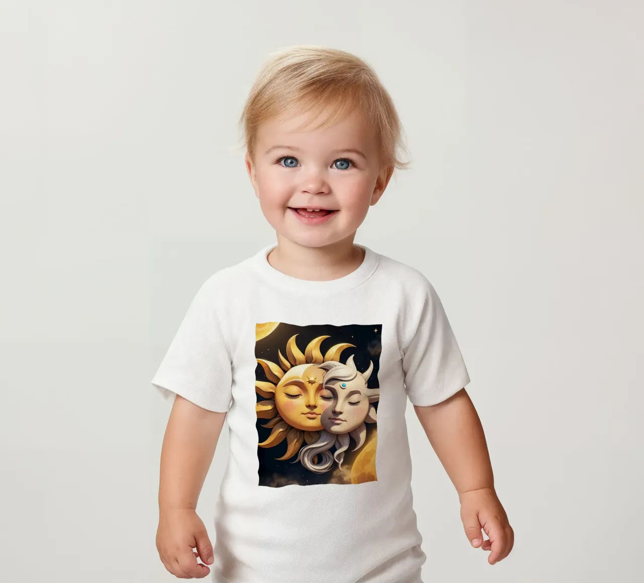 Sun and moon embrace in celestial harmony under a starry sky baby t-shirt by DesignDoodle