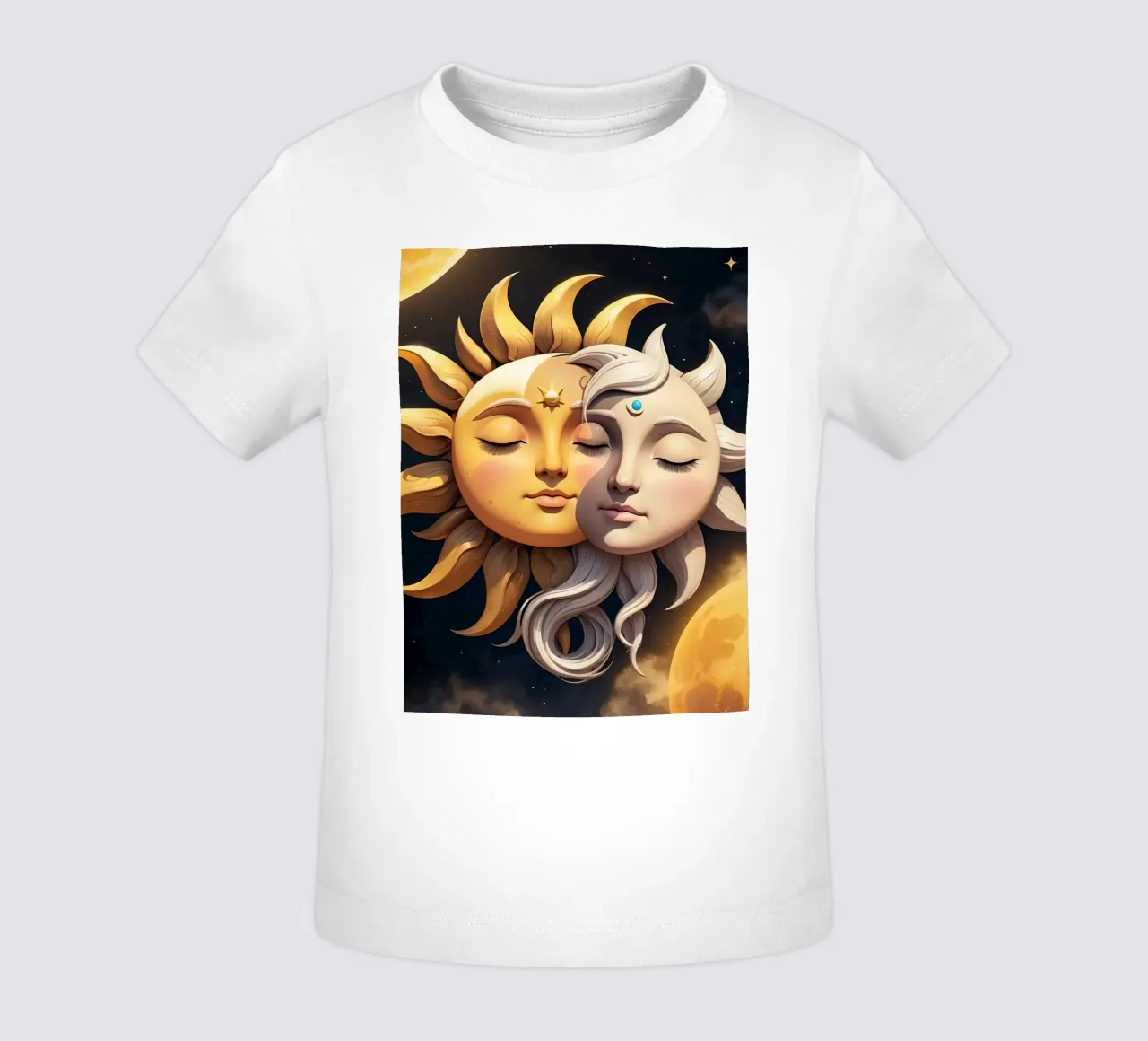 Sun and moon embrace in celestial harmony under a starry sky baby t-shirt by DesignDoodle