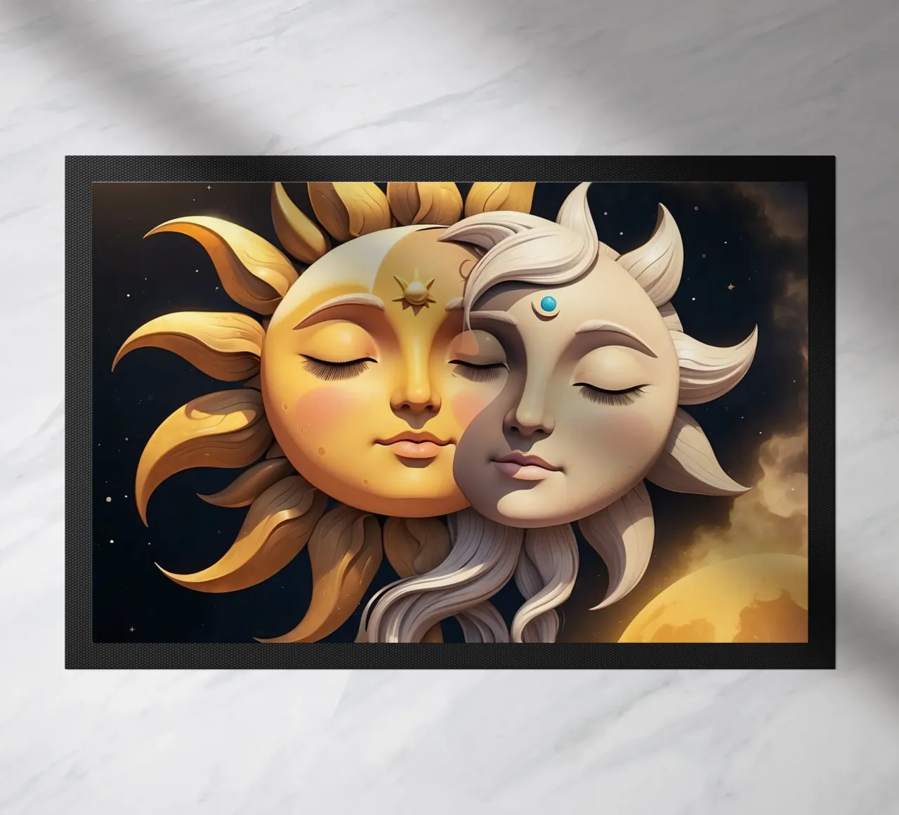 Le soleil et la lune s'embrassent dans une harmonie céleste sous un ciel étoilé paillasson de DesignDoodle