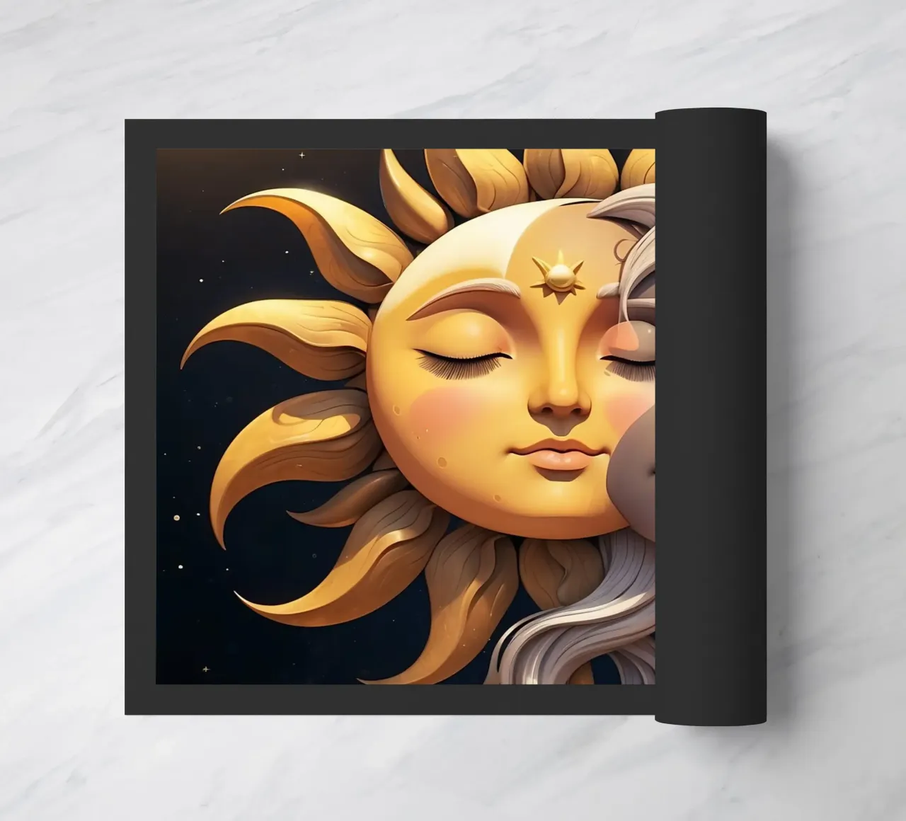Le soleil et la lune s'embrassent dans une harmonie céleste sous un ciel étoilé paillasson de DesignDoodle