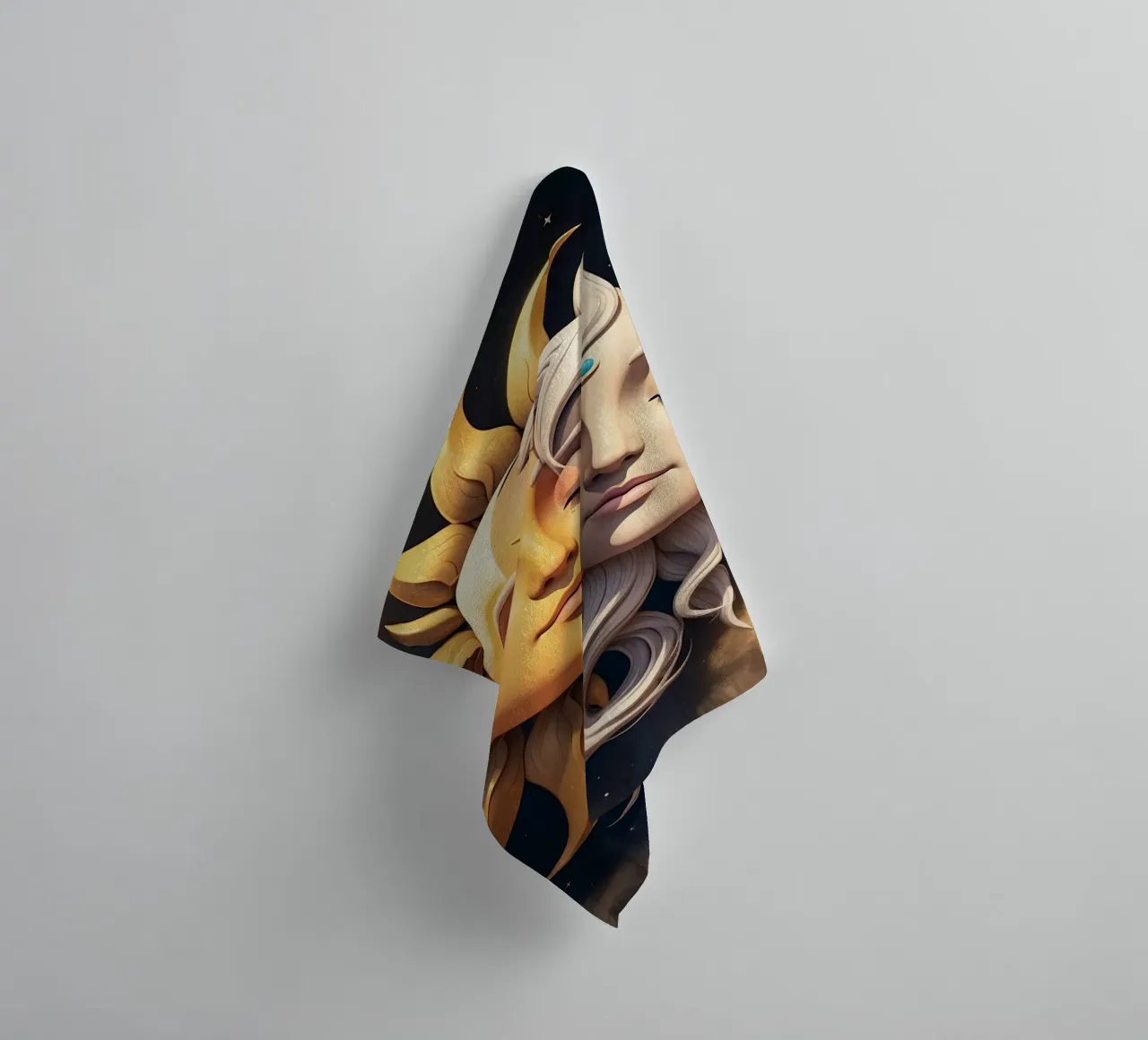 Sun and moon embrace in celestial harmony under a starry sky towel by DesignDoodle