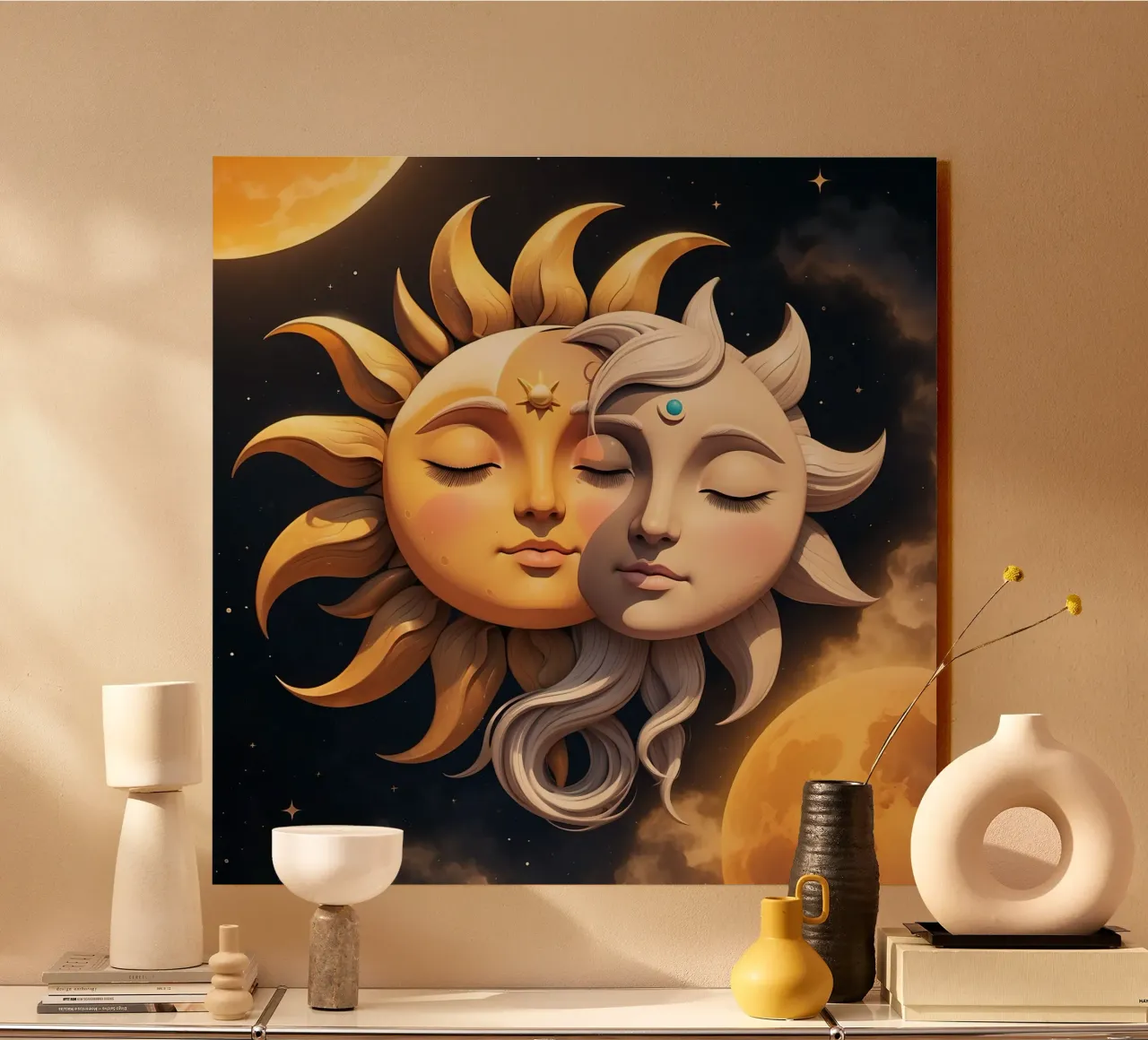 Sun and moon embrace in celestial harmony under a starry sky acrylic glass by DesignDoodle