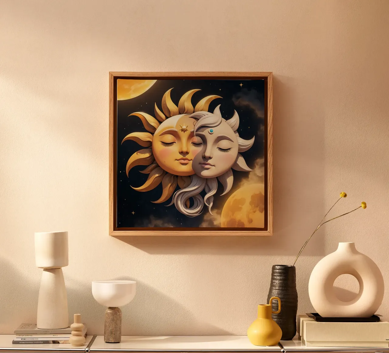 Sun and moon embrace in celestial harmony under a starry sky canvas by DesignDoodle