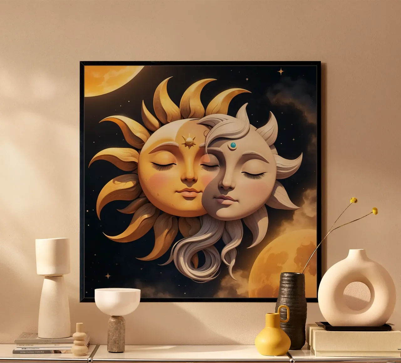 Le soleil et la lune s'embrassent dans une harmonie céleste sous un ciel étoilé hahnemühle de DesignDoodle