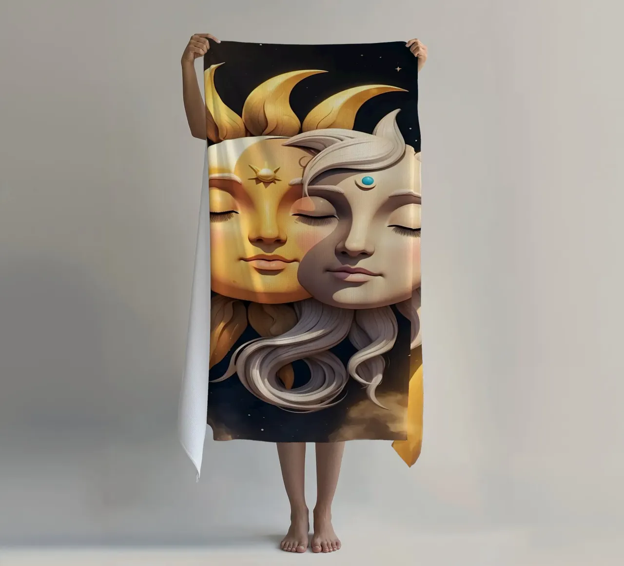 Le soleil et la lune s'embrassent dans une harmonie céleste sous un ciel étoilé serviette de plage de DesignDoodle