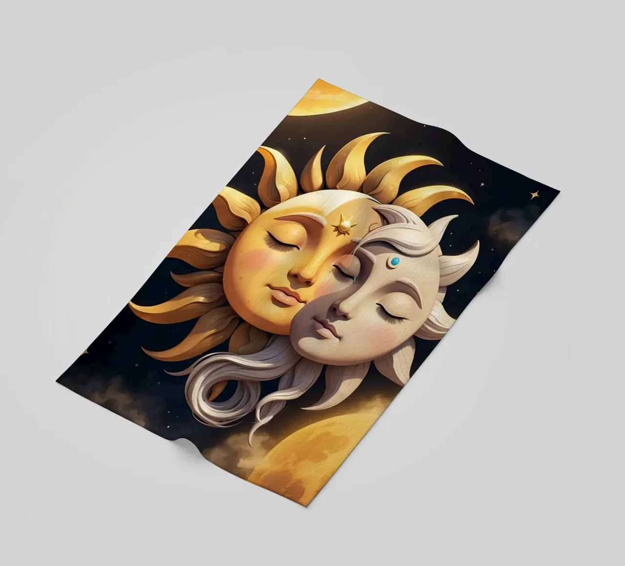 Le soleil et la lune s'embrassent dans une harmonie céleste sous un ciel étoilé serviette de plage de DesignDoodle