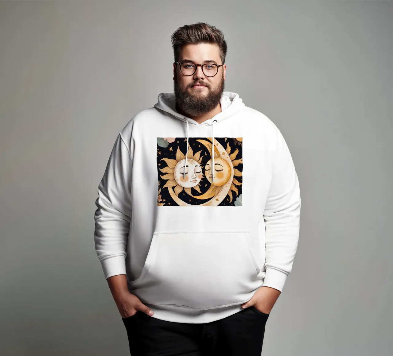 I volti celesti del sole e della luna si intrecciano in una notte floreale felpa con cappuccio da DesignDoodle