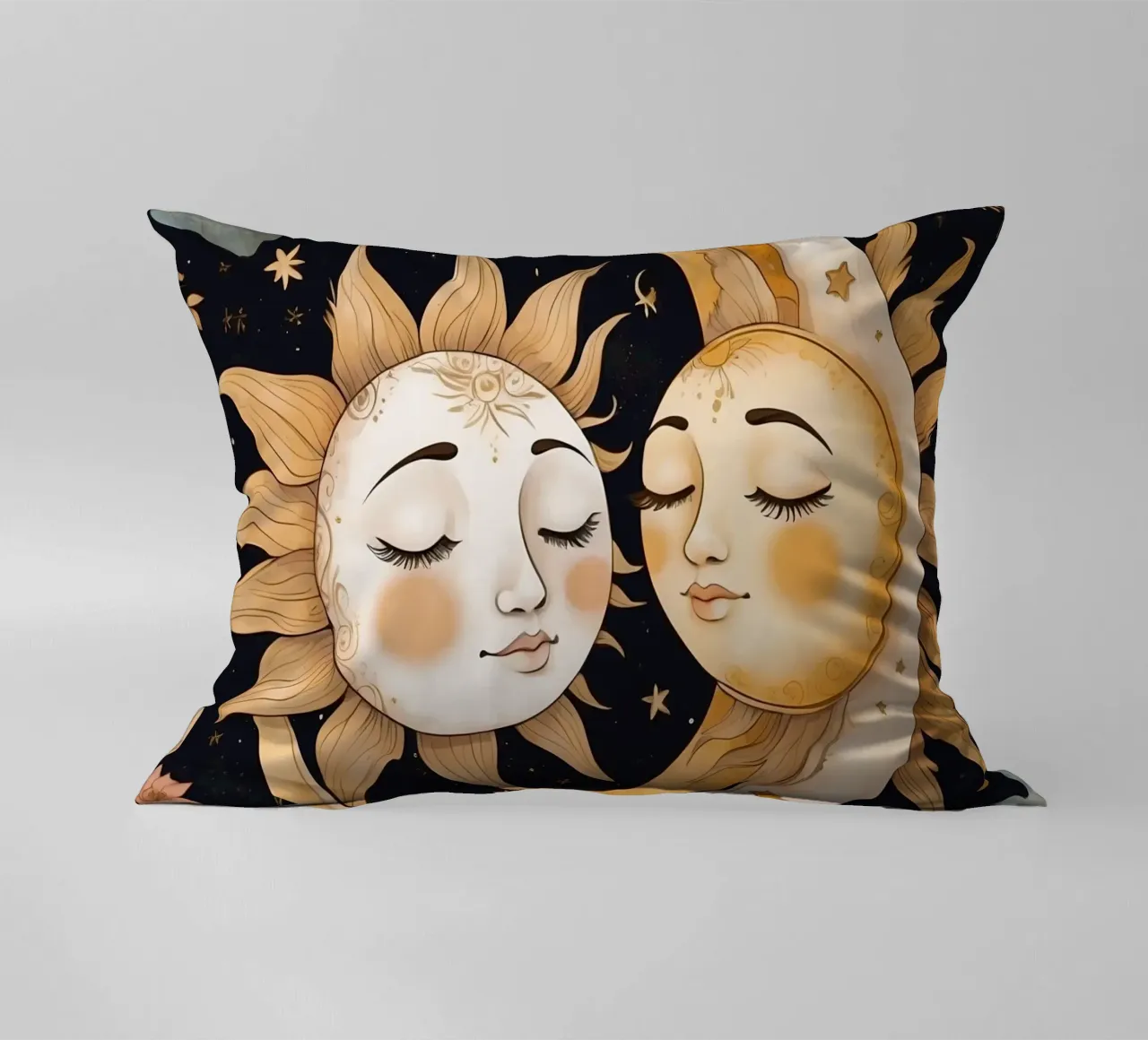 I volti celesti del sole e della luna si intrecciano in una notte floreale cuscino da DesignDoodle