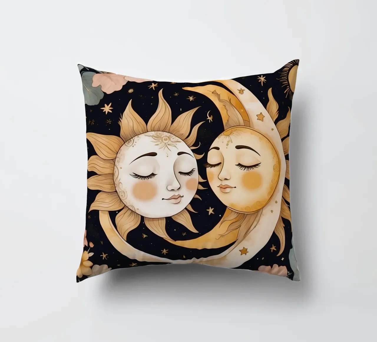 I volti celesti del sole e della luna si intrecciano in una notte floreale cuscino da DesignDoodle